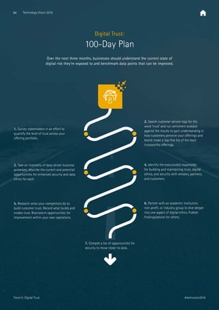 1. Survey stakeholders in an eﬀort to
quantify the level of trust across your
oﬀering portfolio.
3. Take an inventory of data-driven business
processes; describe the current and potential
opportunities for enhanced security and data
ethics for each.
5. Research what your competitors do to
build customer trust. Record what builds and
erodes trust. Brainstorm opportunities for
improvement within your own operations.
7. Compile a list of opportunities for
security to move closer to data.
6. Partner with an academic institution,
non-proﬁt, or industry group to dive deeper
into one aspect of digital ethics. Publish
ﬁndings/advice for others.
4. Identify the executive(s) responsible
for building and maintaining trust, digital
ethics, and security with vendors, partners,
and customers.
2. Search customer service logs for the
word ‘trust’ and run sentiment analysis
against the results to gain understanding in
how customers perceive your oﬀerings and
brand; make a top-ﬁve list of the least
trustworthy oﬀerings.
Over the next three months, businesses should understand the current state of
digital risk they’re exposed to and benchmark data points that can be improved.
Digital Trust:
100-Day Plan
64 Technology Vision 2016
#techvision2016Trend 5: Digital Trust
 