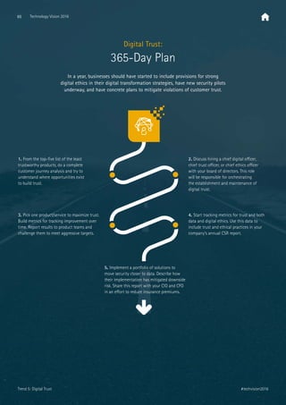 1. From the top-ﬁve list of the least
trustworthy products, do a complete
customer journey analysis and try to
understand where opportunities exist
to build trust.
3. Pick one product/service to maximize trust.
Build metrics for tracking improvement over
time. Report results to product teams and
challenge them to meet aggressive targets.
4. Start tracking metrics for trust and both
data and digital ethics. Use this data to
include trust and ethical practices in your
company’s annual CSR report.
2. Discuss hiring a chief digital oﬃcer,
chief trust oﬃcer, or chief ethics oﬃcer
with your board of directors. This role
will be responsible for orchestrating
the establishment and maintenance of
digital trust.
5. Implement a portfolio of solutions to
move security closer to data. Describe how
their implementation has mitigated downside
risk. Share this report with your CIO and CFO
in an eﬀort to reduce insurance premiums.
In a year, businesses should have started to include provisions for strong
digital ethics in their digital transformation strategies, have new security pilots
underway, and have concrete plans to mitigate violations of customer trust.
Digital Trust:
365-Day Plan
65 Technology Vision 2016
#techvision2016Trend 5: Digital Trust
 