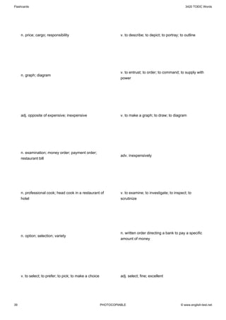 Flashcards                                                                                                    3420 TOEIC Words




     n. price; cargo; responsibility                                v. to describe; to depict; to portray; to outline




                                                                    v. to entrust; to order; to command; to supply with
     n. graph; diagram
                                                                    power




     adj. opposite of expensive; inexpensive                        v. to make a graph; to draw; to diagram




     n. examination; money order; payment order;
                                                                    adv. inexpensively
     restaurant bill




     n. professional cook; head cook in a restaurant of             v. to examine; to investigate; to inspect; to
     hotel                                                          scrutinize




                                                                    n. written order directing a bank to pay a specific
     n. option; selection; variety
                                                                    amount of money




     v. to select; to prefer; to pick; to make a choice             adj. select; fine; excellent




39                                                        PHOTOCOPIABLE                                    © www.english-test.net
 
