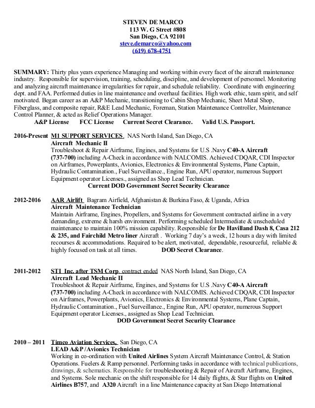 Resume For Aviation sample resume airline flight attendant resumes intended for aviation new job description 1 Resume Aviation Steven De Marco 113 W G Street 808 San Diego Ca 92101 Steve Resume For Aviation get started today and take the next step toward getting your aircraft mechanic career off the ground 1 Resume Aviation Steven De Marco 113 W G Street 808 San Diego Ca 92101 Steve