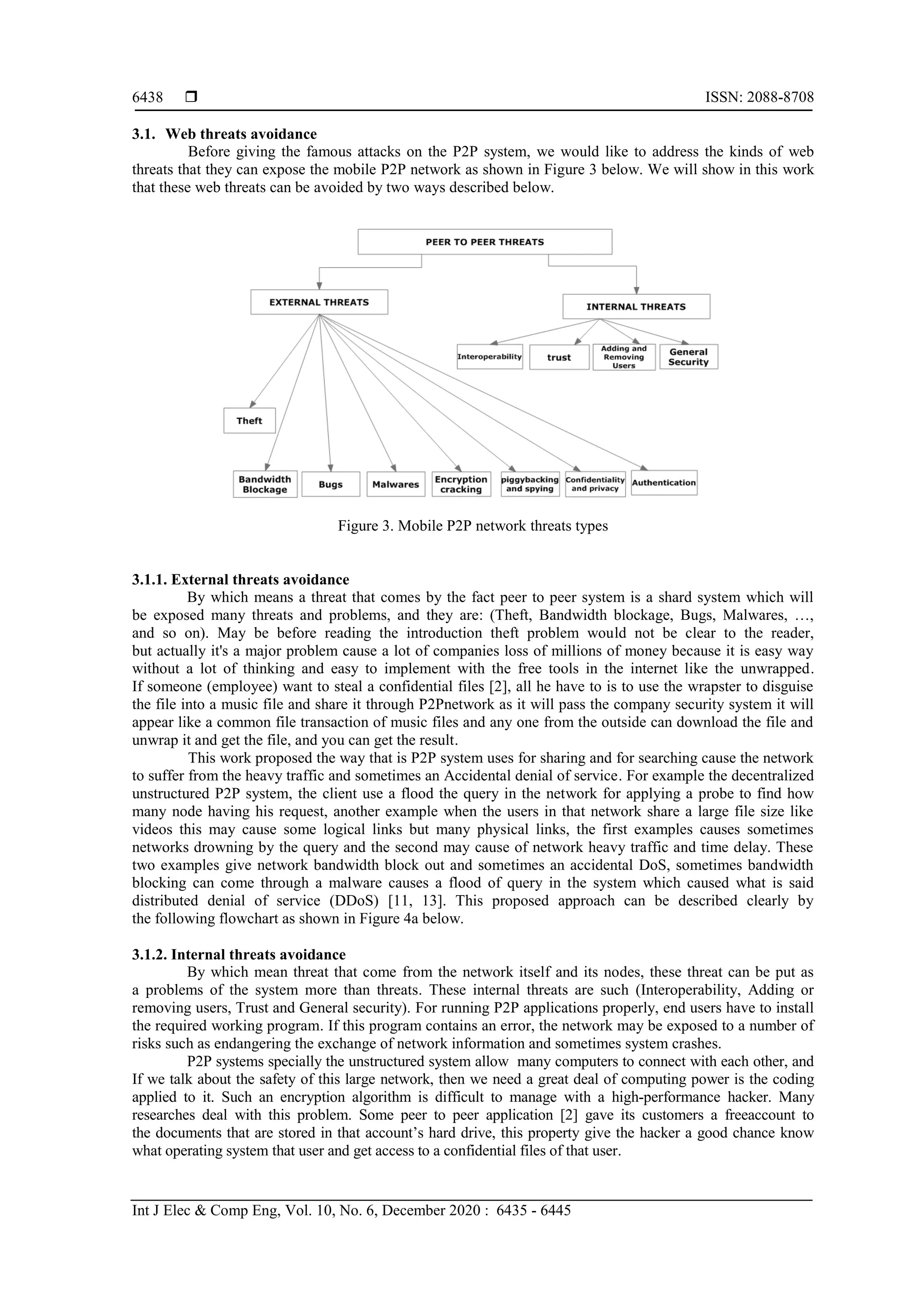  ISSN: 2088-8708
Int J Elec & Comp Eng, Vol. 10, No. 6, December 2020 : 6435 - 6445
6438
3.1. Web threats avoidance
Before giving the famous attacks on the P2P system, we would like to address the kinds of web
threats that they can expose the mobile P2P network as shown in Figure 3 below. We will show in this work
that these web threats can be avoided by two ways described below.
Figure 3. Mobile P2P network threats types
3.1.1. External threats avoidance
By which means a threat that comes by the fact peer to peer system is a shard system which will
be exposed many threats and problems, and they are: (Theft, Bandwidth blockage, Bugs, Malwares, …,
and so on). May be before reading the introduction theft problem would not be clear to the reader,
but actually it's a major problem cause a lot of companies loss of millions of money because it is easy way
without a lot of thinking and easy to implement with the free tools in the internet like the unwrapped.
If someone (employee) want to steal a confidential files [2], all he have to is to use the wrapster to disguise
the file into a music file and share it through P2Pnetwork as it will pass the company security system it will
appear like a common file transaction of music files and any one from the outside can download the file and
unwrap it and get the file, and you can get the result.
This work proposed the way that is P2P system uses for sharing and for searching cause the network
to suffer from the heavy traffic and sometimes an Accidental denial of service. For example the decentralized
unstructured P2P system, the client use a flood the query in the network for applying a probe to find how
many node having his request, another example when the users in that network share a large file size like
videos this may cause some logical links but many physical links, the first examples causes sometimes
networks drowning by the query and the second may cause of network heavy traffic and time delay. These
two examples give network bandwidth block out and sometimes an accidental DoS, sometimes bandwidth
blocking can come through a malware causes a flood of query in the system which caused what is said
distributed denial of service (DDoS) [11, 13]. This proposed approach can be described clearly by
the following flowchart as shown in Figure 4a below.
3.1.2. Internal threats avoidance
By which mean threat that come from the network itself and its nodes, these threat can be put as
a problems of the system more than threats. These internal threats are such (Interoperability, Adding or
removing users, Trust and General security). For running P2P applications properly, end users have to install
the required working program. If this program contains an error, the network may be exposed to a number of
risks such as endangering the exchange of network information and sometimes system crashes.
P2P systems specially the unstructured system allow many computers to connect with each other, and
If we talk about the safety of this large network, then we need a great deal of computing power is the coding
applied to it. Such an encryption algorithm is difficult to manage with a high-performance hacker. Many
researches deal with this problem. Some peer to peer application [2] gave its customers a freeaccount to
the documents that are stored in that account’s hard drive, this property give the hacker a good chance know
what operating system that user and get access to a confidential files of that user.
 