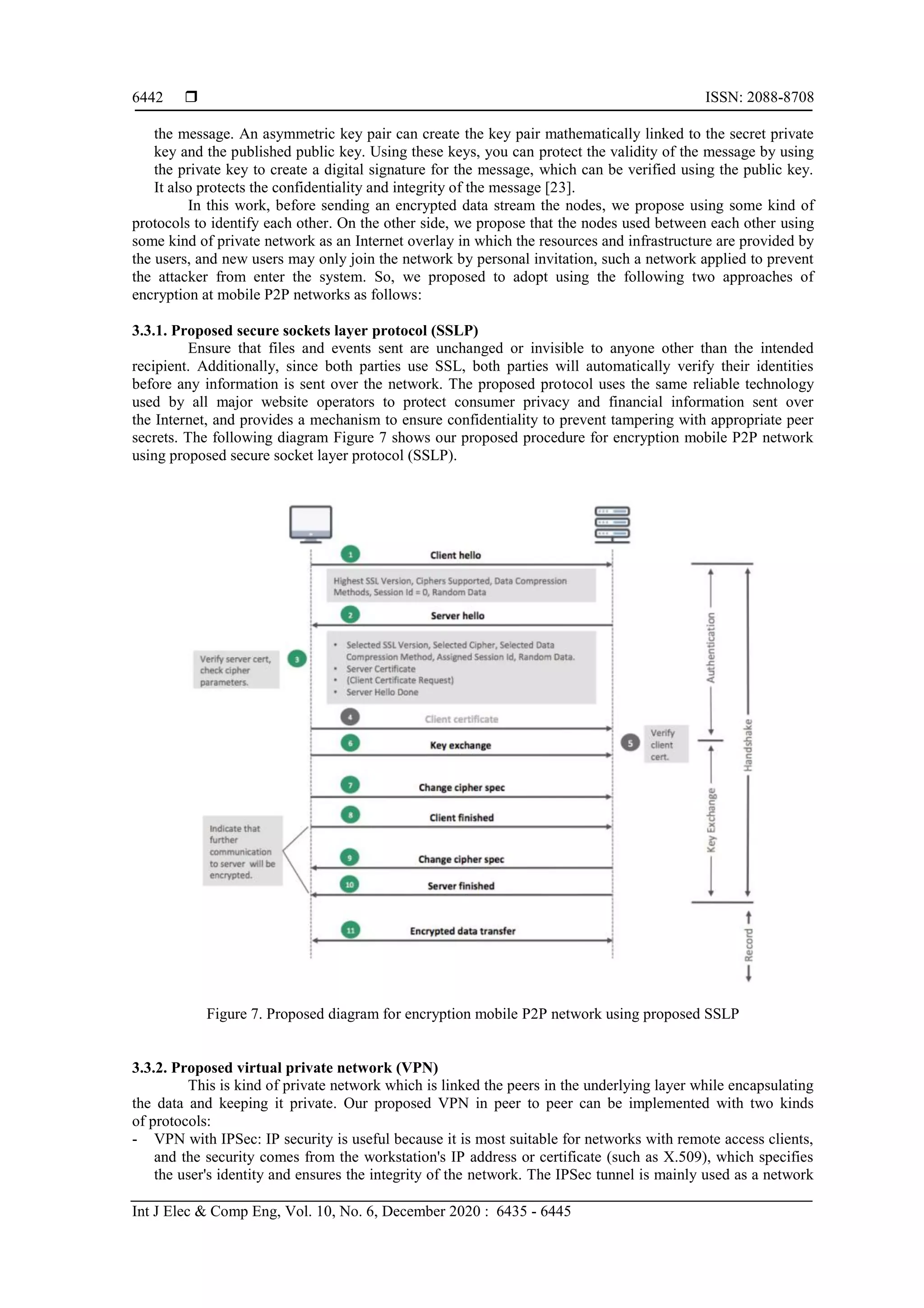  ISSN: 2088-8708
Int J Elec & Comp Eng, Vol. 10, No. 6, December 2020 : 6435 - 6445
6442
the message. An asymmetric key pair can create the key pair mathematically linked to the secret private
key and the published public key. Using these keys, you can protect the validity of the message by using
the private key to create a digital signature for the message, which can be verified using the public key.
It also protects the confidentiality and integrity of the message [23].
In this work, before sending an encrypted data stream the nodes, we propose using some kind of
protocols to identify each other. On the other side, we propose that the nodes used between each other using
some kind of private network as an Internet overlay in which the resources and infrastructure are provided by
the users, and new users may only join the network by personal invitation, such a network applied to prevent
the attacker from enter the system. So, we proposed to adopt using the following two approaches of
encryption at mobile P2P networks as follows:
3.3.1. Proposed secure sockets layer protocol (SSLP)
Ensure that files and events sent are unchanged or invisible to anyone other than the intended
recipient. Additionally, since both parties use SSL, both parties will automatically verify their identities
before any information is sent over the network. The proposed protocol uses the same reliable technology
used by all major website operators to protect consumer privacy and financial information sent over
the Internet, and provides a mechanism to ensure confidentiality to prevent tampering with appropriate peer
secrets. The following diagram Figure 7 shows our proposed procedure for encryption mobile P2P network
using proposed secure socket layer protocol (SSLP).
Figure 7. Proposed diagram for encryption mobile P2P network using proposed SSLP
3.3.2. Proposed virtual private network (VPN)
This is kind of private network which is linked the peers in the underlying layer while encapsulating
the data and keeping it private. Our proposed VPN in peer to peer can be implemented with two kinds
of protocols:
- VPN with IPSec: IP security is useful because it is most suitable for networks with remote access clients,
and the security comes from the workstation's IP address or certificate (such as X.509), which specifies
the user's identity and ensures the integrity of the network. The IPSec tunnel is mainly used as a network
 