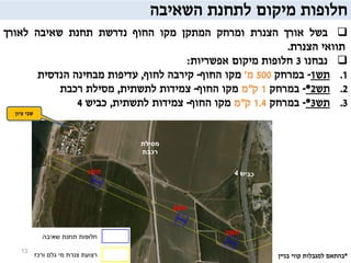 ‫חלופות‬‫מיקום‬‫לתחנת‬‫השאיבה‬
13
‫ממ‬3
‫בשל‬‫אורך‬‫הצנרת‬‫ומרחק‬‫המתקן‬‫מקו‬‫החוף‬‫נדרשת‬‫תחנת‬‫שאיבה‬‫לאורך‬
‫תוואי‬‫הצנרת‬.
‫נבחנו‬3‫חלופות‬‫מיקום‬‫אפשריות‬:
.1‫תש‬1-‫במרחק‬500‫מ‬'‫מקו‬‫החוף‬-‫קירבה‬‫לחוף‬,‫עדיפות‬‫מבחינה‬‫הנדסית‬
.2‫תש‬2*-‫במרחק‬1‫ק‬"‫מ‬‫מקו‬‫החוף‬-‫צמידות‬‫לתשתית‬,‫מסילת‬‫רכבת‬
.3‫תש‬3*-‫במרחק‬1.4‫ק‬"‫מ‬‫מקו‬‫החוף‬-‫צמידות‬‫לתשתית‬,‫כביש‬4
‫תש‬1
‫תש‬2
‫ציון‬ ‫שבי‬
‫תש‬3
‫מסילת‬
‫רכבת‬
*‫בהתאם‬‫למגבלות‬‫קווי‬‫בניין‬
 