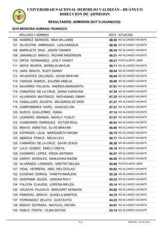 APELLIDOS Y NOMBRES
0210 MEDICINA HUMANA / HUANUCO
NOTA SITUACION
UNIVERSIDAD NACIONAL HERMILIO VALDIZÁN - HUÁNUCO
DIRECCION DE ADMISION
RESULTADOS: ADMISION 2017 II (HUANUCO)
ADMISION2017IIADMISION2017IIADMISION2017IIADMISION2017IIADMISION2017IIADMISION2017IIADMISION2017IIADMISION2017IIADMISION2017IIADMISION2017IIADMISION2017IIADMISION2017II
08.50106 RAMIREZ BERRIOS, MAX WILLIAMS NO ALCANZO VACANTE
08.46107 SILVESTRE AMBROSIO, LUIS ENRIQUE NO ALCANZO VACANTE
08.39108 BARRUETA DIAZ, JASON TANNER NO ALCANZO VACANTE
08.21109 JARAMILLO BRAVO, RICHAR ANDERSON NO ALCANZO VACANTE
08.21110 ORTIZ FERNANDEZ, LESLY VIANEY POSTULANTE LIBRE
08.11111 MOYA RIVERA, MORELIA MAYLIN NO ALCANZO VACANTE
08.04112 JARA BRAVO, RUDY DANNY NO ALCANZO VACANTE
08.04113 SIFUENTES DELGADO, DAVID BRAYAN NO ALCANZO VACANTE
08.00114 VARGAS RAMOS, ZULEMA AMELIA NO ALCANZO VACANTE
07.61115 NAVARRO PALACIN, ANDREA MARGARITA NO ALCANZO VACANTE
07.39116 CAMARGO DE LA CRUZ, DIANA CAROLINA NO ALCANZO VACANTE
07.25117 ALVARADO MATENCIO, NATHANAEL OMAR NO ALCANZO VACANTE
07.21118 CABALLERO ACOSTA, MILAGROS DE DIOS NO ALCANZO VACANTE
07.21119 CAMPOMANES HARO, JUAN KELVIN NO ALCANZO VACANTE
07.14120 SURCO GUILLERMO, DIANA NO ALCANZO VACANTE
07.07121 LEANDRO ARANDA, NAYELY YUSLIT NO ALCANZO VACANTE
06.93122 CHAMORRO ENRIQUEZ, VICTOR RAUL NO ALCANZO VACANTE
06.86123 BRAVO ARRETEA, ELVIS BRAYAN NO ALCANZO VACANTE
06.75124 ESPINOZA LAUS, MARGARETH NAOMI NO ALCANZO VACANTE
06.71125 ABARCA PONCE, MELKI LEVI NO ALCANZO VACANTE
06.50126 CAMARGO DE LA CRUZ, DAVID JESUS NO ALCANZO VACANTE
06.18127 LULO GOMEZ, EMELY GRETA NO ALCANZO VACANTE
06.07128 CASIMIRO LOPEZ, ERICK ANTONIO NO ALCANZO VACANTE
06.00129 GARAY MORALES, NANUSHKA NAOMI NO ALCANZO VACANTE
05.86130 ALVARADO LORENZO, GREYDY BELISA POSTULANTE LIBRE
05.82131 VIDAL HERRERA, ABEL WELCESLAO NO ALCANZO VACANTE
05.39132 EUGENIO ZUÑIGA, YANETH MARLENI NO ALCANZO VACANTE
05.32133 SHAPIAMA ISUIZA, JORDAN ROLY NO ALCANZO VACANTE
05.14134 FALCON CLAUDIO, LORENA MELIZA NO ALCANZO VACANTE
04.82135 VALDIVIA PAJUELO, MARJORIT XIOMARA NO ALCANZO VACANTE
04.79136 PIMENTEL BRAVO, GUISELA MARITZA NO ALCANZO VACANTE
04.25137 FERNANDEZ ZELAYA, GUSTAVITO NO ALCANZO VACANTE
04.07138 BRAVO ESTRADA, MAYCOLL SAFARI NO ALCANZO VACANTE
03.14139 PABLO PORTA, VILMA DAYSSI NO ALCANZO VACANTE
4 / 4 19/03/2017 02:47:31p.m.
 