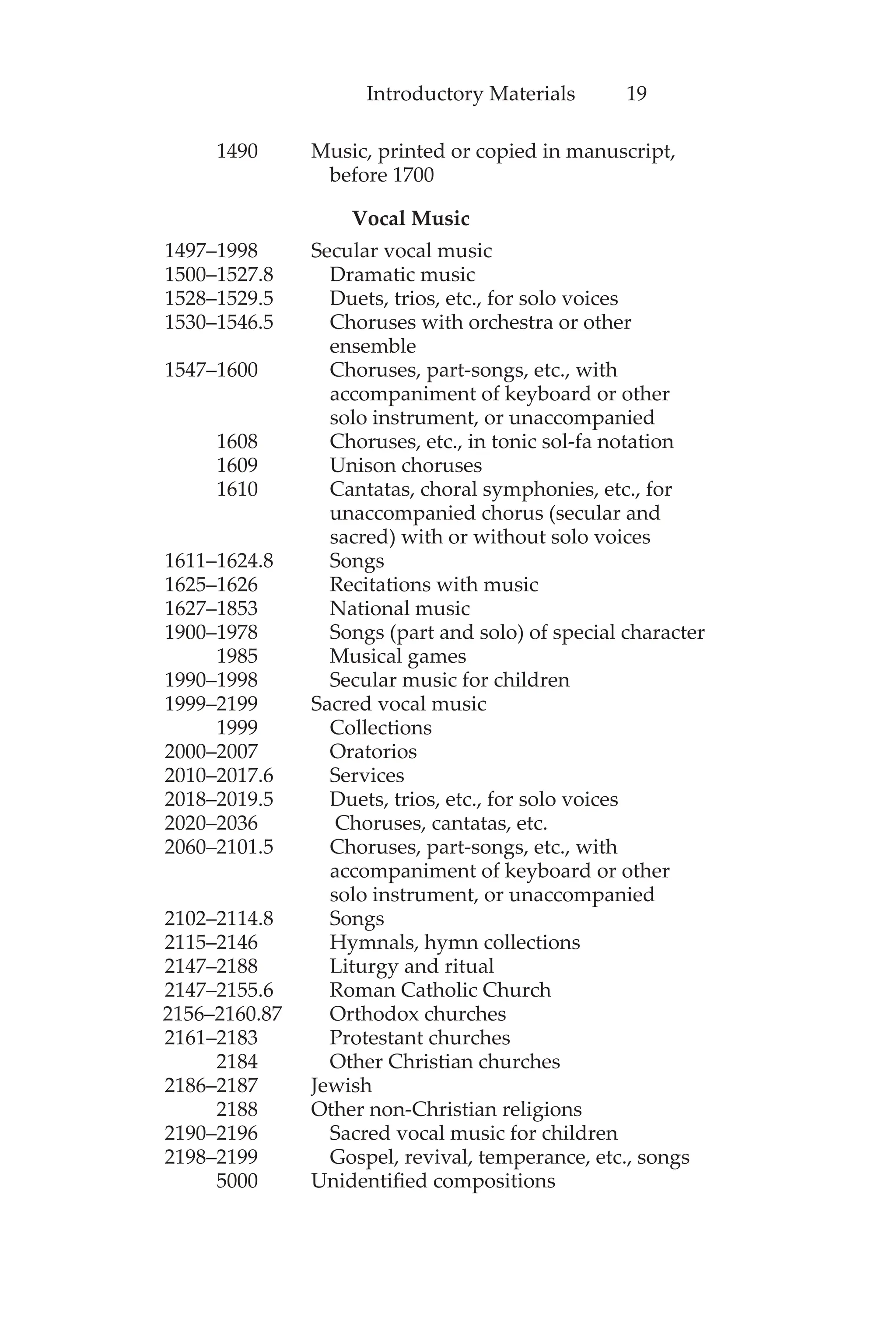 Introductory Materials 19
1490 Music, printed or copied in manuscript,
before 1700
Vocal Music
1497–1998 Secular vocal music
1500–1527.8 Dramatic music
1528–1529.5 Duets, trios, etc., for solo voices
1530–1546.5 Choruses with orchestra or other
ensemble
1547–1600 Choruses, part-songs, etc., with
accompaniment of keyboard or other
solo instrument, or unaccompanied
1608 Choruses, etc., in tonic sol-fa notation
1609 Unison choruses
1610 Cantatas, choral symphonies, etc., for
unaccompanied chorus (secular and
sacred) with or without solo voices
1611–1624.8 Songs
1625–1626 Recitations with music
1627–1853 National music
1900–1978 Songs (part and solo) of special character
1985 Musical games
1990–1998 Secular music for children
1999–2199 Sacred vocal music
1999 Collections
2000–2007 Oratorios
2010–2017.6 Services
2018–2019.5 Duets, trios, etc., for solo voices
2020–2036 Choruses, cantatas, etc.
2060–2101.5 Choruses, part-songs, etc., with
accompaniment of keyboard or other
solo instrument, or unaccompanied
2102–2114.8 Songs
2115–2146 Hymnals, hymn collections
2147–2188 Liturgy and ritual
2147–2155.6 Roman Catholic Church
2156–2160.87 Orthodox churches
2161–2183 Protestant churches
2184 Other Christian churches
2186–2187 Jewish
2188 Other non-Christian religions
2190–2196 Sacred vocal music for children
2198–2199 Gospel, revival, temperance, etc., songs
5000 Unidentified compositions
 