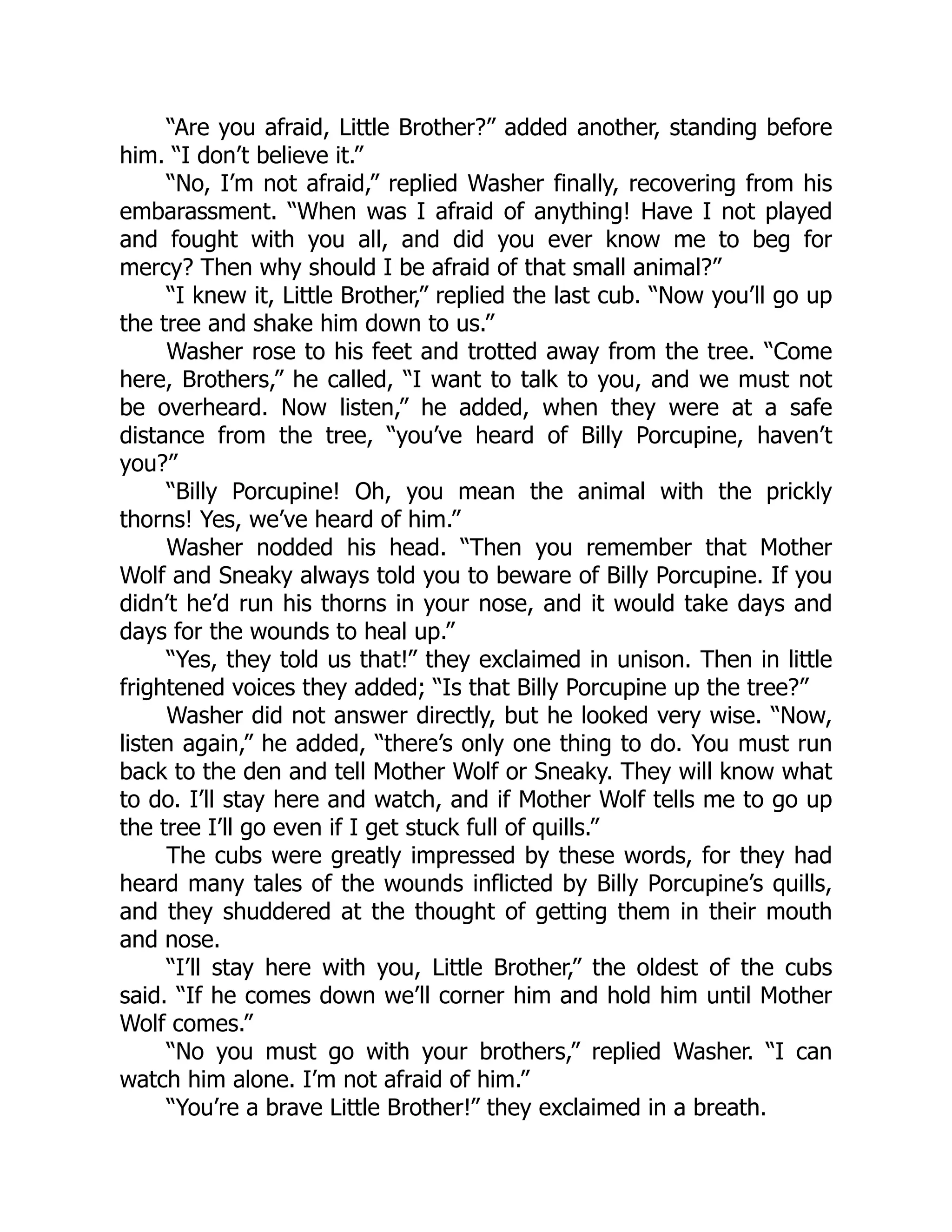 “Are you afraid, Little Brother?” added another, standing before
him. “I don’t believe it.”
“No, I’m not afraid,” replied Washer finally, recovering from his
embarassment. “When was I afraid of anything! Have I not played
and fought with you all, and did you ever know me to beg for
mercy? Then why should I be afraid of that small animal?”
“I knew it, Little Brother,” replied the last cub. “Now you’ll go up
the tree and shake him down to us.”
Washer rose to his feet and trotted away from the tree. “Come
here, Brothers,” he called, “I want to talk to you, and we must not
be overheard. Now listen,” he added, when they were at a safe
distance from the tree, “you’ve heard of Billy Porcupine, haven’t
you?”
“Billy Porcupine! Oh, you mean the animal with the prickly
thorns! Yes, we’ve heard of him.”
Washer nodded his head. “Then you remember that Mother
Wolf and Sneaky always told you to beware of Billy Porcupine. If you
didn’t he’d run his thorns in your nose, and it would take days and
days for the wounds to heal up.”
“Yes, they told us that!” they exclaimed in unison. Then in little
frightened voices they added; “Is that Billy Porcupine up the tree?”
Washer did not answer directly, but he looked very wise. “Now,
listen again,” he added, “there’s only one thing to do. You must run
back to the den and tell Mother Wolf or Sneaky. They will know what
to do. I’ll stay here and watch, and if Mother Wolf tells me to go up
the tree I’ll go even if I get stuck full of quills.”
The cubs were greatly impressed by these words, for they had
heard many tales of the wounds inflicted by Billy Porcupine’s quills,
and they shuddered at the thought of getting them in their mouth
and nose.
“I’ll stay here with you, Little Brother,” the oldest of the cubs
said. “If he comes down we’ll corner him and hold him until Mother
Wolf comes.”
“No you must go with your brothers,” replied Washer. “I can
watch him alone. I’m not afraid of him.”
“You’re a brave Little Brother!” they exclaimed in a breath.
 