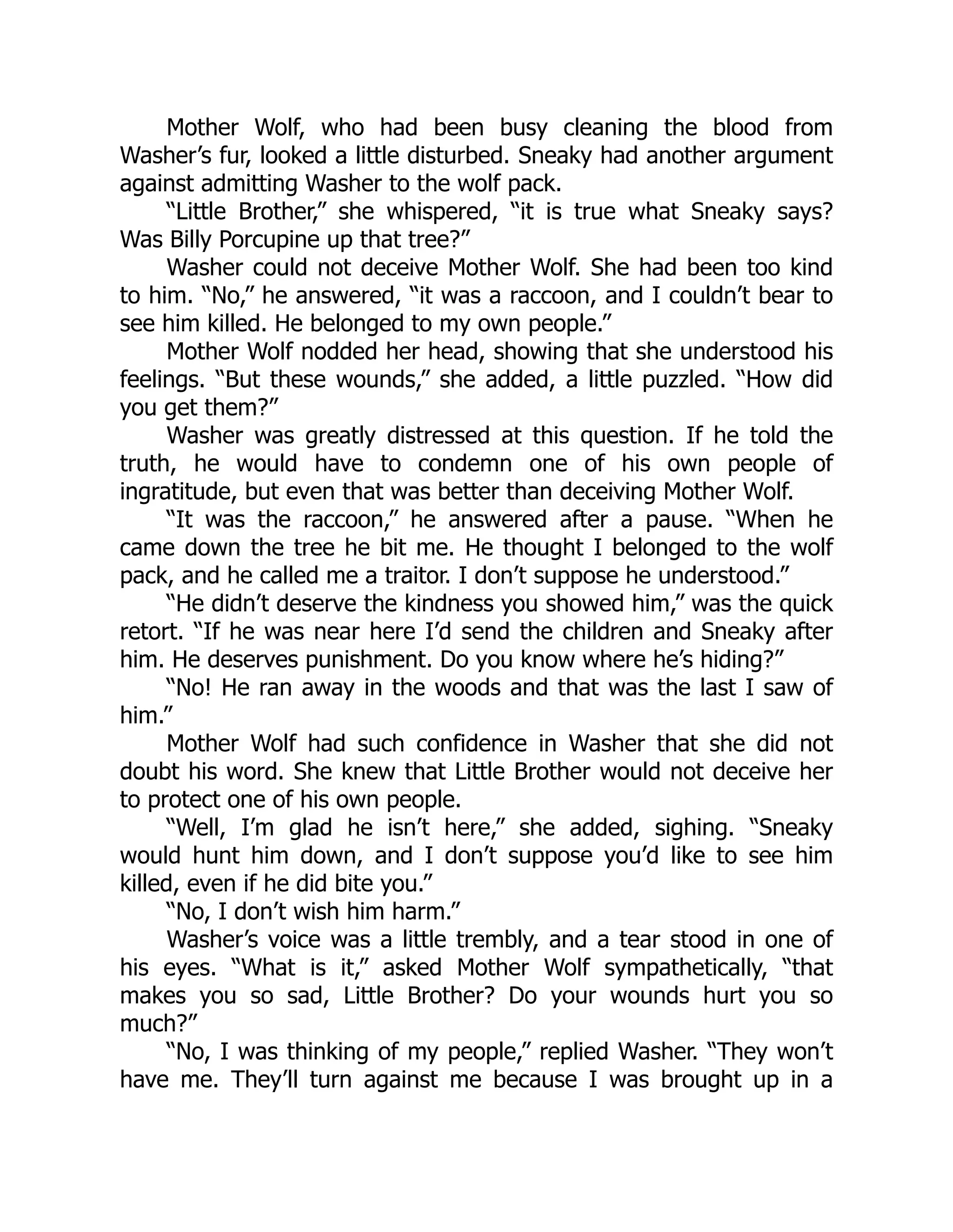 Mother Wolf, who had been busy cleaning the blood from
Washer’s fur, looked a little disturbed. Sneaky had another argument
against admitting Washer to the wolf pack.
“Little Brother,” she whispered, “it is true what Sneaky says?
Was Billy Porcupine up that tree?”
Washer could not deceive Mother Wolf. She had been too kind
to him. “No,” he answered, “it was a raccoon, and I couldn’t bear to
see him killed. He belonged to my own people.”
Mother Wolf nodded her head, showing that she understood his
feelings. “But these wounds,” she added, a little puzzled. “How did
you get them?”
Washer was greatly distressed at this question. If he told the
truth, he would have to condemn one of his own people of
ingratitude, but even that was better than deceiving Mother Wolf.
“It was the raccoon,” he answered after a pause. “When he
came down the tree he bit me. He thought I belonged to the wolf
pack, and he called me a traitor. I don’t suppose he understood.”
“He didn’t deserve the kindness you showed him,” was the quick
retort. “If he was near here I’d send the children and Sneaky after
him. He deserves punishment. Do you know where he’s hiding?”
“No! He ran away in the woods and that was the last I saw of
him.”
Mother Wolf had such confidence in Washer that she did not
doubt his word. She knew that Little Brother would not deceive her
to protect one of his own people.
“Well, I’m glad he isn’t here,” she added, sighing. “Sneaky
would hunt him down, and I don’t suppose you’d like to see him
killed, even if he did bite you.”
“No, I don’t wish him harm.”
Washer’s voice was a little trembly, and a tear stood in one of
his eyes. “What is it,” asked Mother Wolf sympathetically, “that
makes you so sad, Little Brother? Do your wounds hurt you so
much?”
“No, I was thinking of my people,” replied Washer. “They won’t
have me. They’ll turn against me because I was brought up in a
 