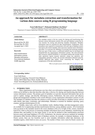 An approach for metadata extraction and transformation for various data ...
