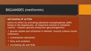 BIGUANIDES (metformin)
• MECHANISM OF ACTION
• exerts its effect by activating adenosine monophosphate (AMP)
kinase in the hepatocytes, an important enzyme in metabolic
control: hepatic glucose production (gluconeogenesis)
↓
- ↑ glucose uptake and utilization in skeletal muscles (reduce insulin
resistance)
- ↓ carbohydrate absorption
- ↑ fatty acid oxidation
- ↓ circulating LDL and VLDL
 