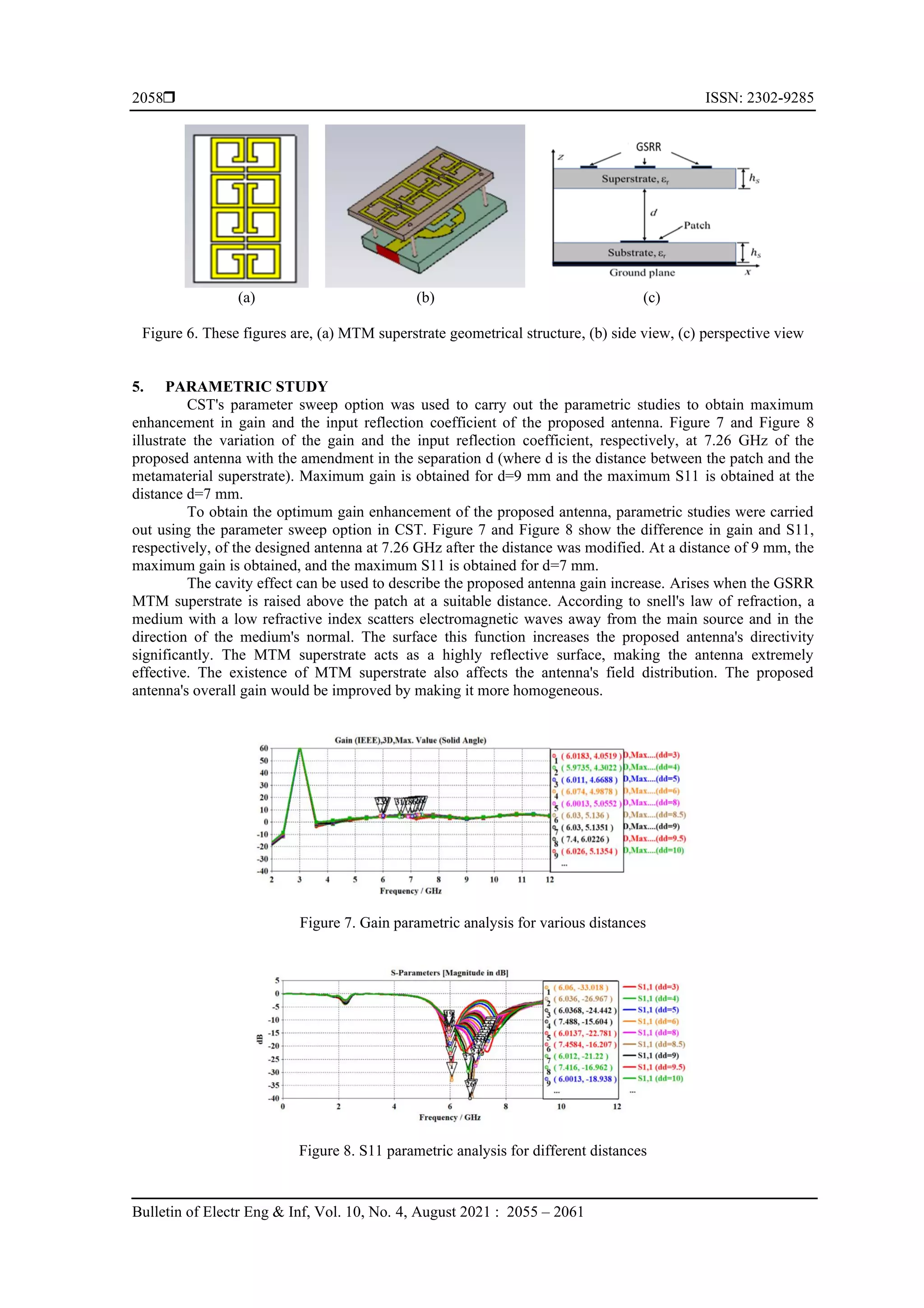  ISSN: 2302-9285
Bulletin of Electr Eng & Inf, Vol. 10, No. 4, August 2021 : 2055 – 2061
2058
(a) (b) (c)
Figure 6. These figures are, (a) MTM superstrate geometrical structure, (b) side view, (c) perspective view
5. PARAMETRIC STUDY
CST's parameter sweep option was used to carry out the parametric studies to obtain maximum
enhancement in gain and the input reflection coefficient of the proposed antenna. Figure 7 and Figure 8
illustrate the variation of the gain and the input reflection coefficient, respectively, at 7.26 GHz of the
proposed antenna with the amendment in the separation d (where d is the distance between the patch and the
metamaterial superstrate). Maximum gain is obtained for d=9 mm and the maximum S11 is obtained at the
distance d=7 mm.
To obtain the optimum gain enhancement of the proposed antenna, parametric studies were carried
out using the parameter sweep option in CST. Figure 7 and Figure 8 show the difference in gain and S11,
respectively, of the designed antenna at 7.26 GHz after the distance was modified. At a distance of 9 mm, the
maximum gain is obtained, and the maximum S11 is obtained for d=7 mm.
The cavity effect can be used to describe the proposed antenna gain increase. Arises when the GSRR
MTM superstrate is raised above the patch at a suitable distance. According to snell's law of refraction, a
medium with a low refractive index scatters electromagnetic waves away from the main source and in the
direction of the medium's normal. The surface this function increases the proposed antenna's directivity
significantly. The MTM superstrate acts as a highly reflective surface, making the antenna extremely
effective. The existence of MTM superstrate also affects the antenna's field distribution. The proposed
antenna's overall gain would be improved by making it more homogeneous.
Figure 7. Gain parametric analysis for various distances
Figure 8. S11 parametric analysis for different distances
 