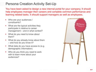 P6/18/2015 24© 2013 CONFIDENTIAL & PROPRIETARY
Persona Creation Activity Set-Up
You have been asked to design a new internal portal for your company. It should
help employees manager their careers and complete common performance and
learning related tasks. It should support managers as well as employees.
 Who are your audiences /
constituents?
 What are the typical activities they
participate in relative to career
management – and in what context?
 What do you need to know about
them?
 What do you already know about them
– and how do you know it?
 What data do you have access to (e.g.
demographic information)
 Who do you think you need to work
with to learn more about your
audiences?
 