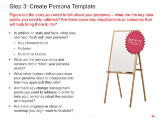 P6/18/2015 32© 2013 CONFIDENTIAL & PROPRIETARY
Step 3: Create Persona Template
Figure out the story you need to tell about your personas – what are the key data
points you need to address? Are there some key visualizations or scenarios that
will help bring them to life?
 In addition to stats and facts, what else
can help “flesh out” your persona?
- Key characteristics
- Pictures
- Illustrative Quotes
 What are the key scenarios and
contexts within which your persona
exists?
 What other factors / influencers does
your persona need to incorporate into
how they approach they role?
 Are there key change management
points you need to address in order to
help your personas adopt the solution
as imagined?
 Are there progressive ideas of
roadmap you might want to illustrate?
 