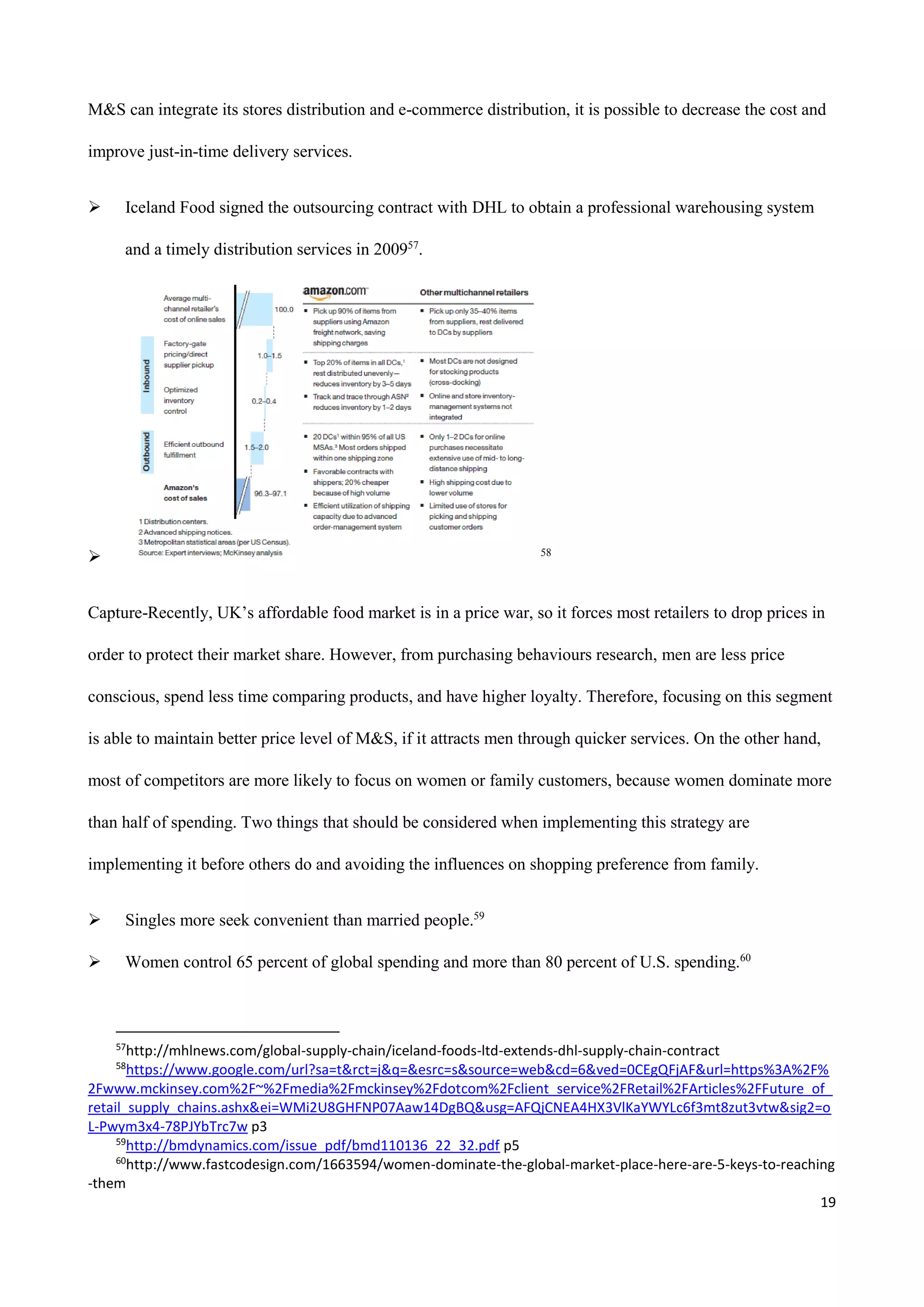 19
M&S can integrate its stores distribution and e-commerce distribution, it is possible to decrease the cost and
improve just-in-time delivery services.
 Iceland Food signed the outsourcing contract with DHL to obtain a professional warehousing system
and a timely distribution services in 200957
.
 58
Capture-Recently, UK’s affordable food market is in a price war, so it forces most retailers to drop prices in
order to protect their market share. However, from purchasing behaviours research, men are less price
conscious, spend less time comparing products, and have higher loyalty. Therefore, focusing on this segment
is able to maintain better price level of M&S, if it attracts men through quicker services. On the other hand,
most of competitors are more likely to focus on women or family customers, because women dominate more
than half of spending. Two things that should be considered when implementing this strategy are
implementing it before others do and avoiding the influences on shopping preference from family.
 Singles more seek convenient than married people.59
 Women control 65 percent of global spending and more than 80 percent of U.S. spending.60
57
http://mhlnews.com/global-supply-chain/iceland-foods-ltd-extends-dhl-supply-chain-contract
58
https://www.google.com/url?sa=t&rct=j&q=&esrc=s&source=web&cd=6&ved=0CEgQFjAF&url=https%3A%2F%
2Fwww.mckinsey.com%2F~%2Fmedia%2Fmckinsey%2Fdotcom%2Fclient_service%2FRetail%2FArticles%2FFuture_of_
retail_supply_chains.ashx&ei=WMi2U8GHFNP07Aaw14DgBQ&usg=AFQjCNEA4HX3VlKaYWYLc6f3mt8zut3vtw&sig2=o
L-Pwym3x4-78PJYbTrc7w p3
59
http://bmdynamics.com/issue_pdf/bmd110136_22_32.pdf p5
60
http://www.fastcodesign.com/1663594/women-dominate-the-global-market-place-here-are-5-keys-to-reaching
-them
 