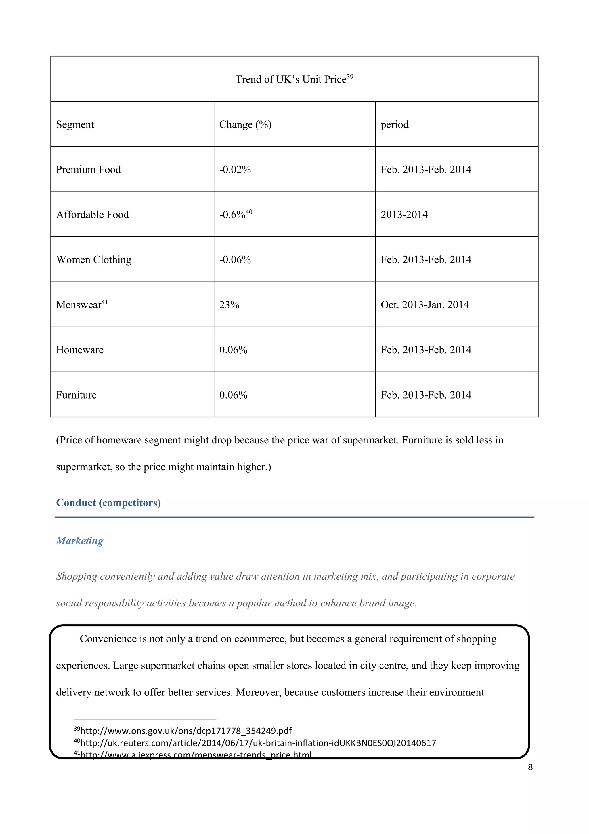 8
Trend of UK’s Unit Price39
Segment Change (%) period
Premium Food -0.02% Feb. 2013-Feb. 2014
Affordable Food -0.6%40
2013-2014
Women Clothing -0.06% Feb. 2013-Feb. 2014
Menswear41
23% Oct. 2013-Jan. 2014
Homeware 0.06% Feb. 2013-Feb. 2014
Furniture 0.06% Feb. 2013-Feb. 2014
(Price of homeware segment might drop because the price war of supermarket. Furniture is sold less in
supermarket, so the price might maintain higher.)
Conduct (competitors)
Marketing
Shopping conveniently and adding value draw attention in marketing mix, and participating in corporate
social responsibility activities becomes a popular method to enhance brand image.
Convenience is not only a trend on ecommerce, but becomes a general requirement of shopping
experiences. Large supermarket chains open smaller stores located in city centre, and they keep improving
delivery network to offer better services. Moreover, because customers increase their environment
39
http://www.ons.gov.uk/ons/dcp171778_354249.pdf
40
http://uk.reuters.com/article/2014/06/17/uk-britain-inflation-idUKKBN0ES0QI20140617
41
http://www.aliexpress.com/menswear-trends_price.html
 