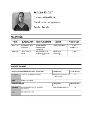 SUMAN PADHI
Contact: 9999062858
E-Mail: sp26.4.1992@gmail.com
Gender: Female
ACADAMICS:
YEAR QUALIFICATION SCHOOL/INSTITUTE SUBJECT PERCENTAGE
2010-2012 Integratedb.tech
(diploma)
Manav rachna
international
university
ComputerScience 67.9%
CGPA-67.9
2012-1015 Lateral Entry in
B.tech
Ansal Institute Of
Technology(GGSIPU)
Information
technology
67.36%
SUMMER TRAINING:
GAYATRI ENGINEERING CONSTRUCTION & CONSULTANCY <Department> <Period of Work>
Description WORKING UNDERWEB DESIGNER WEB SIGHT DEVELOPMENT AND 45
WEB SECURITY
study WEB SITE DESIGNING
VODAFONE TELECOM <Designation> <Period of Work>
Description WORKING AS A INTERN IN NETWORK MOBILE COMMINICATION 50
DEPARTMENT
study CDMA,GSM,HANDOFF
 