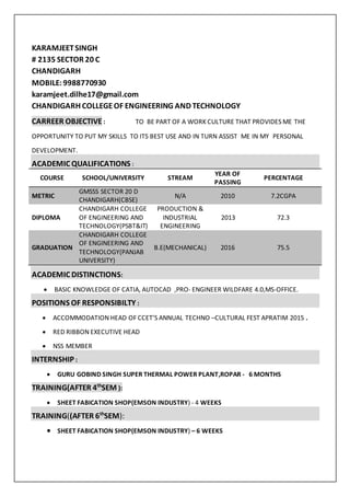 KARAMJEETSINGH
# 2135 SECTOR 20 C
CHANDIGARH
MOBILE:9988770930
karamjeet.dilhe17@gmail.com
CHANDIGARH COLLEGEOF ENGINEERING AND TECHNOLOGY
CARREER OBJECTIVE: TO BE PART OF A WORK CULTURE THAT PROVIDES ME THE
OPPORTUNITY TO PUT MY SKILLS TO ITS BEST USE AND IN TURN ASSIST ME IN MY PERSONAL
DEVELOPMENT.
ACADEMIC QUALIFICATIONS :
COURSE SCHOOL/UNIVERSITY STREAM
YEAR OF
PASSING
PERCENTAGE
METRIC
GMSSS SECTOR 20 D
CHANDIGARH(CBSE)
N/A 2010 7.2CGPA
DIPLOMA
CHANDIGARH COLLEGE
OF ENGINEERING AND
TECHNOLOGY(PSBT&IT)
PRODUCTION &
INDUSTRIAL
ENGINEERING
2013 72.3
GRADUATION
CHANDIGARH COLLEGE
OF ENGINEERING AND
TECHNOLOGY(PANJAB
UNIVERSITY)
B.E(MECHANICAL) 2016 75.5
ACADEMIC DISTINCTIONS:
 BASIC KNOWLEDGE OF CATIA, AUTOCAD ,PRO- ENGINEER WILDFARE 4.0,MS-OFFICE.
POSITIONS OF RESPONSIBILTY :
 ACCOMMODATION HEAD OF CCET’S ANNUAL TECHNO –CULTURAL FEST APRATIM 2015 .
 RED RIBBON EXECUTIVE HEAD
 NSS MEMBER
INTERNSHIP :
 GURU GOBIND SINGH SUPER THERMAL POWER PLANT,ROPAR - 6 MONTHS
TRAINING(AFTER 4th
SEM ):
 SHEET FABICATION SHOP(EMSON INDUSTRY) - 4 WEEKS
TRAINING((AFTER 6th
SEM):
 SHEET FABICATION SHOP(EMSON INDUSTRY) – 6 WEEKS
 