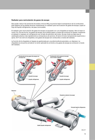 Radiador para recirculación de gases de escape

Para poder reducir las emisiones de óxidos nítricos (NOx) es preciso bajar la temperatura de la combustión.
Este objetivo se ha podido alcanzar implantando un radiador para recirculación de gases de escape, sujeto al
flujo de líquido refrigerante y de paso conmutable.

El radiador para recirculación de gases de escape va equipado con una chapaleta en bypass. Abre al estar el
motor frío. De esa forma, los gases de escape recirculados pasan a través del conducto en bypass, evadiendo
el radiador e ingresan sin refrigeración por el lado de admisión del motor. De ese modo se logra que el
catalizador alcance más rápidamente su temperatura de servicio. Al tener el motor temperaturas superiores a
aprox. 35 °C se cierra la chapaleta y los gases de escape son conducidos a través del radiador.

La función de la chapaleta en bypass es gestionada por una electroválvula asociada a un depresor. La
chapaleta se encuentra cerrada al no tener aplicada la corriente y los gases de escape se conducen a través
del radiador.




           Conducción de los gases de escape con                      Conducción de los gases de escape
           el motor frío                                              con el motor caliente




                            Caudal de escape                                          Caudal de escape

                            Líquido refrigerante                                      Líquido refrigerante




Depresor



                                                                                       Empalme colector de escape




                                                                                                             Entrada líquido refrigerante




                                             Salida líquido refrigerante



                                                                                                                                 343_017


                                                                                                                                       15
 