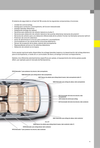 El sistema de seguridad en el Audi A4 ’05 consta de los siguientes componentes y funciones:

–   Unidad de control airbag
–   Airbag para conductor y acompañante, de función biescalonada
–   Airbags laterales delanteros
–   Sideguards (airbags de cabeza)
–   Sensores para detección de colisión lateral en el pilar C
–   Sensores para detección de colisión lateral en las puertas delanteras (sensores de presión)
–   Sensores de colisión para una detección diferenciada de la colisión frontal, los llamados sensores Upfront
–   Pretensor de cinturón delantero
–   Aviso de abrocharse el cinturón para conductor y acompañante
–   Conmutadores en los cierres de los cinturones delanteros
–   Sensor de ocupación de la plaza, asiento del acompañante
–   Reposacabezas activos en los asientos delanteros
–   Detección de colisión en la trasera


Como equipo opcional están disponibles los airbags laterales traseros y la desactivación del airbag delantero
para el acompañante, a través de un conmutador de llave y el testigo luminoso correspondiente.

Debido a los diferentes planteamientos específicos por países, el equipamiento de ciertos países puede
diferir, por ejemplo para el mercado de Norteamérica.




N154 Detonador 1 para pretensor de cinturón, lado acompañante

                N200 Detonador para airbag lateral, lado acompañante

                                              G257 Sensor de colisión para airbag lateral trasero, lado acompañante (pilar C)



                                                                          N252 Detonador para airbag de cabeza, lado acompañante




                                                                                    E25 Conmutador del cierre de cinturón, lado
                                                                                    acompañante
                                                                                    J234 Unidad de control para airbag

                                                                                    E24 Conmutador del cierre de cinturón, lado conductor




                                                                          N251 Detonador para airbag de cabeza, lado conductor


                                                          343_007

                                     G256 Sensor de colisión para airbag lateral trasero, lado conductor (pilar C)

                   N199 Detonador para airbag lateral, lado conductor

N153 Detonador 1 para pretensor de cinturón, lado conductor




                                                                                                                                            9
 