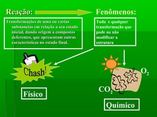 Reação:                                 Fenômenos:
Transformações de uma ou varias         Toda e qualquer
  substancias em relação a seu estado   transformação que
  inicial, dando origem a compostos     pode ou não
  deferentes, que apresentam outras     modificar a
  características no estado final.      estrutura




                                                            O2

                                         CO2
        Físico
                                            Químico
 