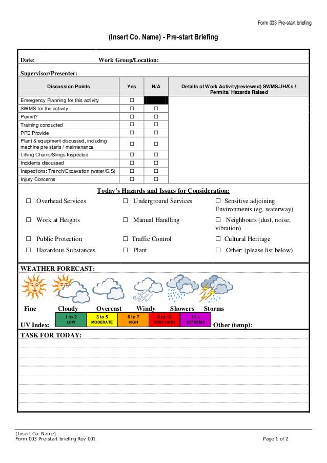 Form 003 Pre Start Briefing