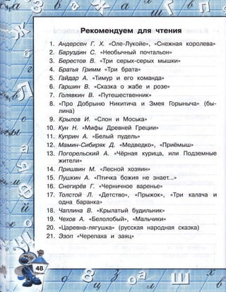 Ё
Рекомендуем ня чтения
1. Андерсен [' х. "@ле-/!укойе,, .€нехная королева)
2. Барузд:ин с. .Р{еобь:чнь:й почтальон)
3. Берестов в. .1ри серь!х-серь!х мь|шки)
4. Братья [римм .1ри брата,
5. [айдар А. .1им}Р и его команда>
6. [арллин 8. .€казка о жабе и розе>
7. [олявкин Б' .[1шешественник)
8. .[1ро ,{обрь:ню 4икитича и 3мея [-орь:нь:на" (бь:-
лина)
9. (рьллов А. .€лон и 4оська,
10. (ун н. .[4ифь: Аревней !-реции,
11. (уприн А. .Бель:й пудель>
12. А/!амин-ёибиряк !. .йедведко,, *[1риёмь:ш"
13. 1огорельский А' .9ёрная црица, или [одземнь:е
хители>
14. |1риллвин м. .[!есной хозяин>
15. 1уллкин А. .[1тичка 6ожия не 3нает...>
16. €негирёв г. .9ерничное варенье)
17. 7олстой л. ..['етство,, .]-'|рь:хок,, "1ри калача и
одна баранка,
1в. 9аплина в' .(рьглатьгй будильник,
19. ехов А. .Белолобь:й,, .йальчики,
2о. .4аревна-ляшшка" (русская народная оказка)
21. 3зоп .9ерепаха и заяц>
'т1г !'!--; 
. #. 6-:
:;}!,
!"' ,1
*"-|
-1{",
в, !
ь ,н,
 