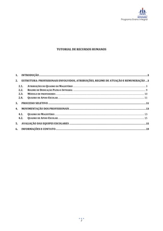 Programa Ensino Integral
2
TUTORIAL DE RECURSOS HUMANOS
1. INTRODUÇÃO......................................................................................................................................................3
2. ESTRUTURA: PROFISSIONAIS ENVOLVIDOS, ATRIBUIÇÕES, REGIME DE ATUAÇÃO E REMUNERAÇÃO ...3
2.1. ATRIBUIÇÕES DO QUADRO DO MAGISTÉRIO .........................................................................................................3
2.2. REGIME DE DEDICAÇÃO PLENA E INTEGRAL .........................................................................................................9
2.3. MÓDULO DE PROFESSORES ................................................................................................................................10
2.4. QUADRO DE APOIO ESCOLAR.............................................................................................................................11
3. PROCESSO SELETIVO .......................................................................................................................................11
4. MOVIMENTAÇÃO DOS PROFISSIONAIS ..........................................................................................................13
4.1. QUADRO DO MAGISTÉRIO..................................................................................................................................13
4.2. QUADRO DE APOIO ESCOLAR.............................................................................................................................15
5. AVALIAÇÃO DAS EQUIPES ESCOLARES ..........................................................................................................15
6. INFORMAÇÕES E CONTATO.............................................................................................................................19
 