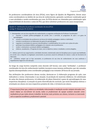Programa Ensino Integral
6
Os professores coordenadores de área (PCAs), nova figura do Quadro do Magistério, devem atuar
como coordenadores no âmbito de sua área de conhecimento, apoiando o professor coodenador geral
e suas atividades e sendo coordenados por esse. Os PCAs devem ser chamados para substituição após
impossibilidade de docentes e antes do PCG, que deve substituir professores em casos excepcionais.
Ao longo da carga horária cumprida como docente (20 horas), com aulas “atribuídas”, o professor
coordenador de área de conhecimento também incorpora essas mesmas atribuições, que são somadas
àquelas desempenhadas como coordenador pedagógico nas restantes 20 horas de sua jornada.
Das atribuições dos professores dessas escolas, destacam-se: i) elaboração programa de ação, com
indicadores e metas relacionadas à sua atuação; ii) produção de materiais didáticos; iii) substituição
de aulas dos demais professores; iv) elaboração de plano bimestral e guias de aprendizagem de suas
respectivas disciplinas; v) atuação na parte diversificada do currículo, que inclui disciplinas eletivas e
orientação aos alunos em seus respectivos projetos de vida; e vi) tutoria aos alunos.
É importante frisar que, embora as atividades relacionadas à mediação escolar estejam alocadas com
maior ênfase ao vice-diretor de escola, todos os profissionais da equipe acabam atuando como
mediadores já que todos devem trabalhar de forma mais próxima aos alunos, inclusive os tutorando
sob os aspectos acadêmico, profissional e pessoal.
I – desempenhar, em sua área específica de conhecimento, as seguintes atribuições do Professor Coordenador:
a. executar o projeto político-pedagógico de acordo com o currículo, os programas de ação e os guias de
aprendizagem;
b. orientar as atividades dos professores em horas de trabalho pedagógico coletivo e individual;
c. orientar os professores na elaboração dos guias de aprendizagem;
d. organizar as atividades de natureza interdisciplinar e multidisciplinar de acordo com o plano de ação;
e. participar da produção didático-pedagógica em conjunto com os professores;
f. avaliar e sistematizar a produção didático-pedagógica;
g. elaborar, anualmente, o Programa de Ação, com os objetivos, metas e resultados a serem atingidos.
II – dedicar parte de sua carga horária a atividades docentes, ministrando aulas de disciplinas para as quais seja habilitado,
de acordo com o disposto na legislação concernente ao processo anual de atribuição de classes e aulas da Secretaria de
Educação;
III – substituir, sempre que se faça necessário, os professores de sua área de conhecimento em suas ausências e
impedimentos legais de curta duração.
Quadro 4 – Atribuições do professor coordenador de área (PCA)
(artigo 3º, Resolução SE 22/2012)
 