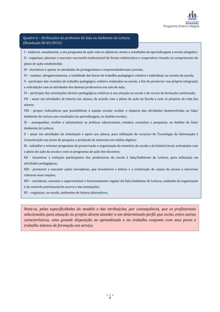 Programa Ensino Integral
8
Nota-se, pelas especificidades do modelo e das atribuições, por consequência, que os profissionais
selecionados para atuação no projeto devem atender a um determinado perfil, que inclui, entre outras
características, uma grande disposição ao aprendizado e ao trabalho conjunto com seus pares e
trabalho intenso de formação em serviço.
I – elaborar, anualmente, o seu programa de ação com os objetivos, metas e resultados de aprendizagem a serem atingidos;
II – organizar, planejar e executar sua tarefa institucional de forma colaborativa e cooperativa visando ao cumprimento do
plano de ação estabelecido;
III - incentivar e apoiar as atividades de protagonismo e empreendedorismo juvenis;
IV – realizar, obrigatoriamente, a totalidade das horas de trabalho pedagógico coletivo e individual, no recinto da escola;
V - participar das reuniões de trabalho pedagógico coletivo realizadas na escola, a fim de promover sua própria integração
e articulação com as atividades dos demais professores em sala de aula;
VI – participar das orientações técnico-pedagógicas relativas à sua atuação na escola e de cursos de formação continuada;
VII – atuar em atividades de tutoria aos alunos, de acordo com o plano de ação da Escola e com os projetos de vida dos
alunos;
VIII - propor indicadores que possibilitem à equipe escolar avaliar o impacto das atividades desenvolvidas na Sala/
Ambiente de Leitura nos resultados da aprendizagem, no âmbito escolar;
IX – acompanhar, avaliar e sistematizar as práticas educacionais, estudos, consultas e pesquisas, no âmbito da Sala/
Ambiente de Leitura;
X – atuar em atividades de orientação e apoio aos alunos, para utilização de recursos de Tecnologia da Informação e
Comunicação nas áreas de pesquisa e produção de materiais em mídias digitais;
XI - subsidiar e orientar programas de preservação e organização da memória da escola e da história local, articulados com
o plano de ação da escola e com os programas de ação dos docentes;
XII - incentivar a visitação participativa dos professores da escola à Sala/Ambiente de Leitura, para utilização em
atividades pedagógicas;
XIII - promover e executar ações inovadoras, que incentivem a leitura e a construção de canais de acesso a universos
culturais mais amplos;
XIV – coordenar, executar e supervisionar o funcionamento regular da Sala/Ambiente de Leitura, cuidando da organização
e do controle patrimonial do acervo e das instalações;
XV – organizar, na escola, ambientes de leitura alternativos.
Quadro 6 – Atribuições do professor de Sala ou Ambiente de Leitura
(Resolução SE 69/2012)
 