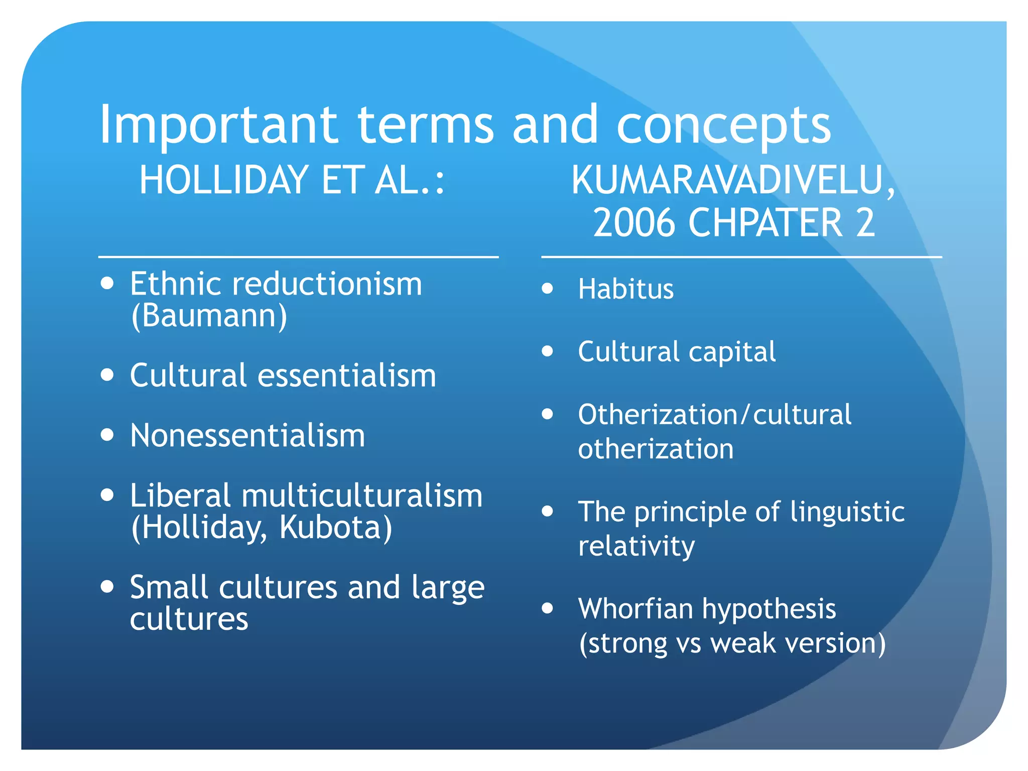 Important terms and concepts
  HOLLIDAY ET AL.:             KUMARAVADIVELU,
                                2006 CHPATER 2
 Ethnic reductionism         Habitus
  (Baumann)
                              Cultural capital
 Cultural essentialism
                              Otherization/cultural
 Nonessentialism              otherization
 Liberal multiculturalism    The principle of linguistic
  (Holliday, Kubota)
                               relativity
 Small cultures and large
  cultures                    Whorfian hypothesis
                               (strong vs weak version)
 