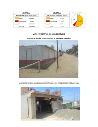 VISTA FOTOGRAFICA DEL AREA DE ESTUDIO
VIVIENDA EN MATERAL RUSTICO VIVIENDA DE MADERA PREFABRICADA
VIVIENDA DE MATERIAL NOBLE CON AUTOCONSTRUCCIÓN CON TENDENCIA A EXPIACIÓN VERTICAL
 