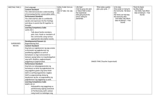 MEETING TIME 2 Oral Language bodies of water have you
seen or
been to? (lake, river, sea,
etc.)
Little Seed “
Invite the group who went
on Nature Walk to share
their experiences
while going around the
school, looking for
plants/trees.
“What makes a garden
grow, grow, grow…? “
to the class
Show poster on Caring for
the Community. Talk about
how
their family can help keep
the community clean
Oral Oddity Task (Which
does not belong?) – Final
Sounds
Plants the Seeds
Itsy Bitsy Spider
Oral Oddity Task (Which
does not belong?) – Final
Sounds
Content Standard:
The child demonstrates understanding
of increasing his/her conversation skills.
Performance Standard:
The child shall be able to confidently
speaks and expresses his/her feelings
and ideas in words that fit together in
thought.
Learning Competency Code:
LLKOL-00-5
- Talk about family members,
pets, toys, foods or members of
the community using various
appropriate descriptive words.
SUPERVISED
RECESS
Developmental Domain (s):
Kagandahang Asal
SNACK TIME (Teacher Supervised)
Content Standard:
Ang bata ay nagkakaroon ng pag-unawa
sa konsepto ng pagkakaroon ng
positibong pagkilala sa sarili at
kamalayan sa mga sumusunod na
batayan upang lubos na mapahalagahan
ang sarili: disiplina, pagkamatapat,
paggalang at pagmamahal.
Performance Standard:
Ang bata ay nakapagpapamalas ng
kamalayan sa lahat ng pagkakataon na
ang pagpilina gawin ang tama hindi
dahil sa sariling kagustuhan, bagkos
dahil sa pagsasaalang-alang ng
kapakanan ng iba, ay pagsasakilos ng
pagkakaroon ng paggalang sa sarili.
Learning Competency Code:
KAKPS-00-15
- Naipapakita ang paggalang sa
pambansang sagisag (watawat
at Pambansang awit): patayo
nang tuwid na nakalagay ang
 