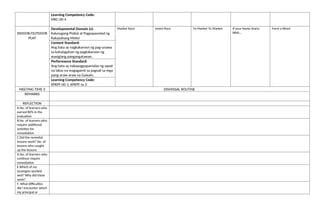 Learning Competency Code:
MKC-00-4
INDOOR/OUTDOOR
PLAY
Developmental Domain (s):
Kalusugang Pisikal at Pagpapaunlad ng
Kakayahang Motor
Market Race Insect Race To Market To Market If your Name Starts
With…
Form a Word
Content Standard:
Ang bata ay nagkakaroon ng pag-unawa
sa kahalagahan ng pagkakaroon ng
masiglang pangangatawan.
Performance Standard:
Ang bata ay nakapagpapamalas ng sapat
na lakas na magagamit sa pagsali sa mga
pang-araw-araw na Gawain.
Learning Competency Code:
KPKPF-00-1, KPKPF-Ia-2
MEETING TIME 3 DISMISSAL ROUTINE
REMARKS
REFLECTION
A.No. of learners who
earned 80% in the
evaluation
B.No. of learners who
require additional
activities for
remediation
C.Did the remedial
lessons work? No. of
lessons who caught
up the lessons
D.No. of learners who
continue require
remediation
E.Which of my
strategies worked
well? Why did these
work?
F. What difficulties
did I encounter which
my principal or
 