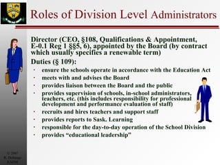 Roles of Division Level  Administrators Director (CEO, §108, Qualifications & Appointment, E-0.1 Reg 1 §§5, 6), appointed by the Board (by contract which usually specifies a renewable term) Duties (§ 109): ensure the schools operate in accordance with the Education Act meets with and advises the Board provides liaison between the Board and the public provides supervision of schools, in-school administrators, teachers, etc. (this includes responsibility for professional development and performance evaluation of staff) recruits and hires teachers and support staff provides reports to Sask. Learning responsible for the day-to-day operation of the School Division provides “educational leadership” 