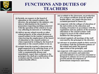 FUNCTIONS AND DUTIES OF TEACHERS (j) furnish, on request, to the board of education or the conseil scolaire, the director, the principal or the minister, any data or information in the teacher's possession respecting anything connected with the operation of the school or in any way affecting its interests or well-being. (k) deliver up any school records or other school property of the school division or conseil scolaire in the teacher's possession when leaving the employment of the board of education or the conseil scolaire or when requested in writing by the board of education or the conseil scolaire to do so; (l) exclude from the teacher's classroom any pupil suspected to be suffering from, or of being convalescent from, or in contact with, a communicable disease and immediately report that exclusion to the principal who shall give notification of the exclusion and the reasons for it to the medical health officer; (m) re-admit to the classroom, on production of a written certificate from the medical health officer, any pupil who has been excluded pursuant to clause (l); (n) cooperate with the colleges of education of the universities in the education and training of teachers in accordance with the regulations and any policies of the board of education or the conseil scolaire with respect to access to the school and its facilities for that purpose; (o) attend regularly all meetings of the staff convened by the principal or the director; (p) advance or promote pupils in their work in accordance with the promotion policies of the school and under the general supervision of the principal; and (q) cooperate with supervisors, consultants and other personnel, and undertake personal initiatives in activities intended or designed to enhance in-service professional growth and the development of professional competence and status. 