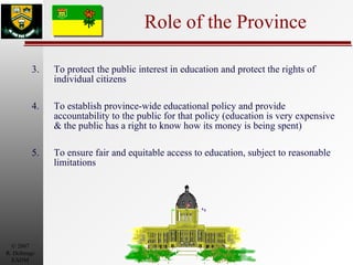 Role of the Province 3. To protect the public interest in education and protect the rights of individual citizens 4. To establish province-wide educational policy and provide accountability to the public for that policy (education is very expensive & the public has a right to know how its money is being spent) 5. To ensure fair and equitable access to education, subject to reasonable limitations 