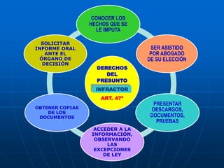 DERECHOS
DEL
PRESUNTO
INSTRUCTOR
ART. 47º
CONOCER LOS
HECHOS QUE SE
LE IMPUTA
SER ASISTIDO
POR ABOGADO
DE SU ELECCIÓN
PRESENTAR
DESCARGOS,
DOCUMENTOS,
PRUEBAS
ACCEDER A LA
INFORMACIÓN,
OBSERVANDO
LAS
EXCEPCIONES
DE LEY
OBTENER COPIAS
DE LOS
DOCUMENTOS
SOLICITAR
INFORME ORAL
ANTE EL
ÓRGANO DE
DECISIÓN
INFRACTOR
 