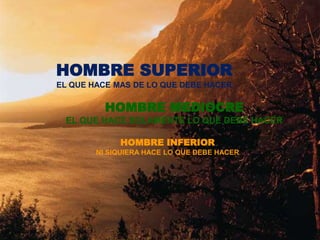 HOMBRE SUPERIOR
EL QUE HACE MAS DE LO QUE DEBE HACER
HOMBRE MEDIOCRE
EL QUE HACE SOLAMENTE LO QUE DEBE HACER
HOMBRE INFERIOR
NI SIQUIERA HACE LO QUE DEBE HACER
 