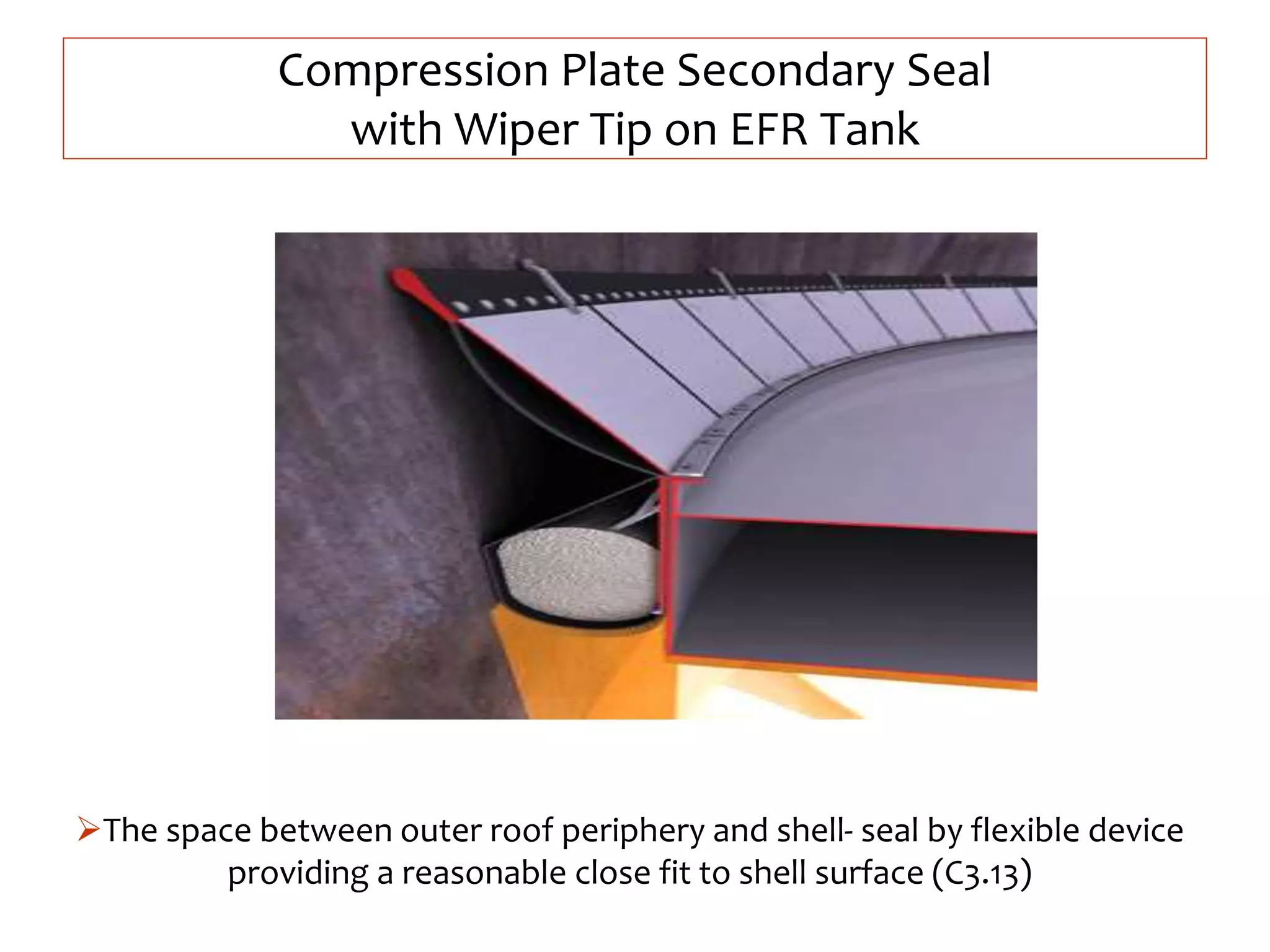 Compression Plate Secondary Seal
with Wiper Tip on EFR Tank
The space between outer roof periphery and shell- seal by flexible device
providing a reasonable close fit to shell surface (C3.13)
 