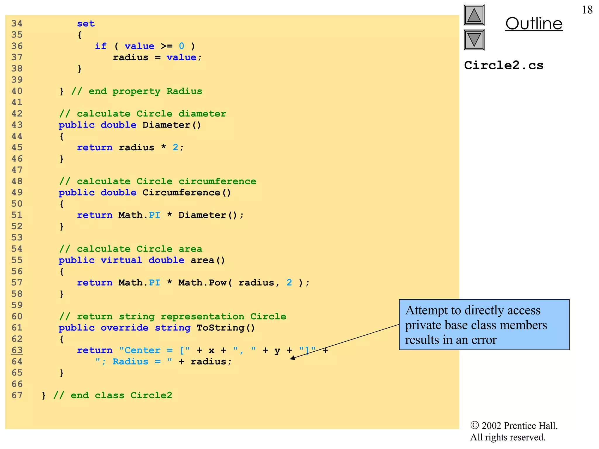 Circle2.cs 34  set 35  { 36  if  (  value  >=  0  ) 37  radius =  value ; 38  } 39  40  }  // end property Radius 41  42  // calculate Circle diameter 43  public double  Diameter() 44  { 45  return  radius *  2 ; 46  } 47  48  // calculate Circle circumference 49  public double  Circumference() 50  { 51  return  Math. PI  * Diameter(); 52  } 53  54  // calculate Circle area 55  public virtual double  area() 56  { 57  return  Math. PI  * Math.Pow( radius,  2  ); 58  } 59  60  // return string representation Circle 61  public override string  ToString() 62  { 63   return   &quot;Center = [&quot;  + x +  &quot;, &quot;  + y +  &quot;]&quot;  + 64  &quot;; Radius = &quot;  + radius; 65  } 66  67  }  // end class Circle2 Attempt to directly access private base class members results in an error 