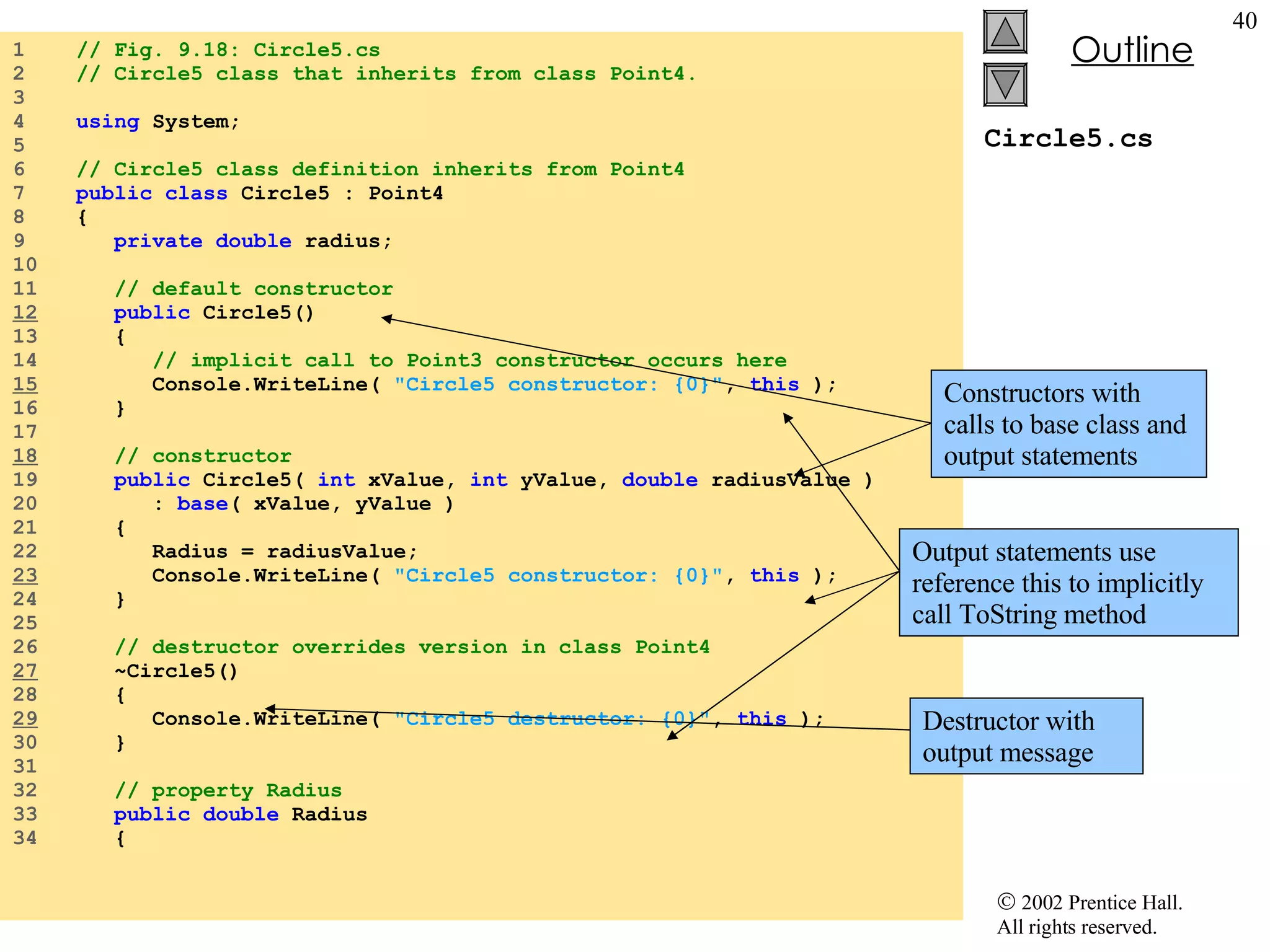 Circle5.cs 1  // Fig. 9.18: Circle5.cs 2  // Circle5 class that inherits from class Point4. 3  4  using  System; 5  6  // Circle5 class definition inherits from Point4 7  public class  Circle5 : Point4 8  { 9  private double  radius; 10  11  // default constructor 12   public  Circle5() 13  { 14  // implicit call to Point3 constructor occurs here 15   Console.WriteLine(  &quot;Circle5 constructor: {0}&quot; ,  this  ); 16  } 17  18   // constructor 19  public  Circle5(  int  xValue,  int  yValue,  double  radiusValue ) 20  :  base ( xValue, yValue ) 21  { 22  Radius = radiusValue; 23   Console.WriteLine(  &quot;Circle5 constructor: {0}&quot; ,  this  ); 24  } 25  26  // destructor overrides version in class Point4 27   ~Circle5() 28  { 29   Console.WriteLine(  &quot;Circle5 destructor: {0}&quot; ,  this  ); 30  } 31  32  // property Radius 33  public double  Radius 34  { Constructors with calls to base class and output statements Output statements use reference this to implicitly call ToString method Destructor with output message 