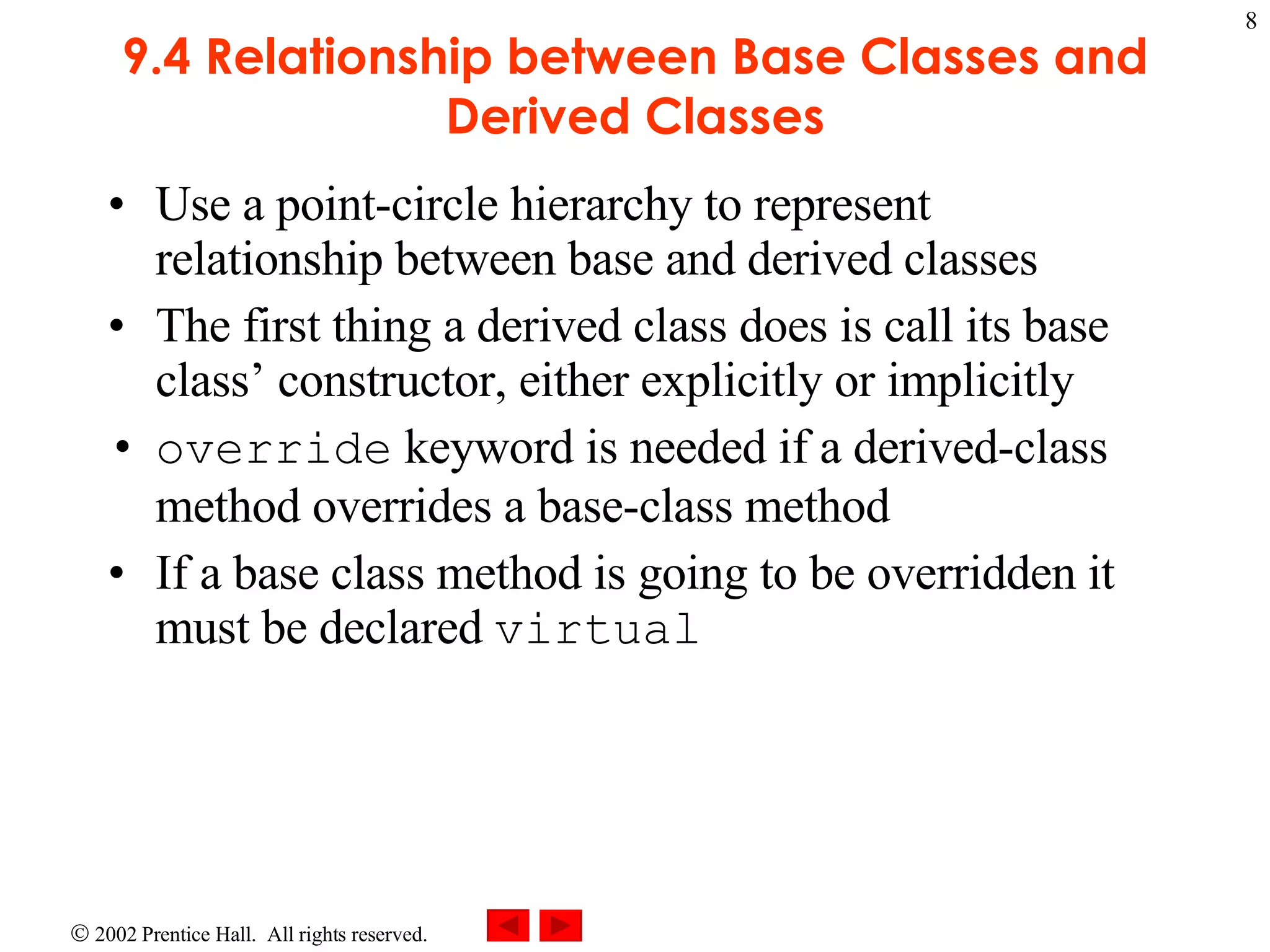 9.4 Relationship between Base Classes and Derived Classes Use a point-circle hierarchy to represent relationship between base and derived classes The first thing a derived class does is call its base class’ constructor, either explicitly or implicitly override  keyword is needed if a derived-class method overrides a base-class method If a base class method is going to be overridden it must be declared  virtual 