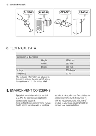 BLUBB! BLUBB! CRACK!CRACK!
8. TECHNICAL DATA
Dimension of the recess
Height 1780 mm
Width 560 mm
Depth 550 mm
Voltage 230-240 V
Frequency 50 Hz
The technical information are situated in
the rating plate on the internal left side of
the appliance and in the energy label.
9. ENVIRONMENT CONCERNS
Recycle the materials with the symbol
. Put the packaging in applicable
containers to recycle it.
Help protect the environment and human
health and to recycle waste of electrical
and electronic appliances. Do not dispose
appliances marked with the symbol
with the household waste. Return the
product to your local recycling facility or
contact your municipal office.
18 www.electrolux.com
 