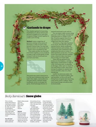 Do Something Active
12 January 2015 | The Guardian
The Guardian December 2014
Do Something Creative
The simplest garland to loop along
mantelpieces or above mirrors and
pictures is lengths of ivy and other
evergreen foliage twisted together to
create a sort of swag.
Method: Create a single line of
greenery, joining various pieces if
necessary, so that you have a line
around 2 metres long. You may find
that you need to tie various pieces in
– florist’s wire is excellent for this.
Then make another two lines and
twist them together, as you would do
to make a rope: do this gently so that
it doesn’t look too forced and now
you have your base.
The purist may want to keep just to
ivy; the more whimsical may want to
add in fairy lights. I personally love
old man’s beard, Clematis vitalba,
seedheads woven in amongst the
green. Dried hydrangea flowers or
sprayed seed heads work well too.
You can make a table version using
pine and conifer bough, interspersed
with pinecones or candles, if you
like. I’d advise against these for on
top of pictures or mirrors as they
weigh more than they appear.
If, however, a big swag of garland
is too much, then find the prettiest
autumn leaves, dainty seedheads,
Chinese lanterns and rosehips, and
string them a few centimetres apart
along some thin wire or cotton. A
little repetition can be nice. I’ve seen
lovely ones made with just rosehips
alone, whatever takes your fancy
here as long as it’s done tidily.
These delicate garlands look
lovely over the fireplace, catching
light along a windowpane or edge of
a sill. I love pinecones, so pleasing
at all stages, either open or closed. If
you want them to open, place them
on top of a radiator or a gentle heat
source and after a day or so, they
should pop.
I prefer my pinecones plain, but
clearly they are made for glitter, glue
and sprinkles, so do as you see fit.
String these at regular intervals along
some pretty twine or ribbon. These
look as good hung vertically as they
do horizontally.
Garlandstodrape
Becky Barnicoat’s Snowglobe
This is a lovely,
festive alternative to
chucking yet another
jar into the recycling
bin. Why not create
an atmospheric,
wintry scene of your
own using model
railway ﬁgures and
miniature Christmas
trees?
You will need
Clean, empty jars
White plasticine
Model railway people
and trees
White glitter
Epoxy glue
Water
Glycerin
Method
Build up a snowy
hill out of white
plasticine in the
centre of your jar lid
so you can see your
ﬁgures over the rim
of the jar. Choose
the positions of your
ﬁgures and Christmas
trees, then glue them
into place.
Carefully glue
your snowy hill to
the inside of the
lid, ensuring that it
won’t stop the lid
from screwing back
on. Leave to dry for
around 10 minutes.
Fill your jar with
water, add a teaspoon
of glitter, and two
drops of glycerin
to stop the glitter
settling too quickly.
Stir until the glitter is
mixed with the water
and not too lumpy.
Very carefully screw
your lid ﬁrmly back
on to your jar.
Once the lid is
secure, turn the
snowglobe upside
down, shake gently
and watch as the
snow falls.
3 GGGGGGGGGGGGGGGGGGGG3
22
 