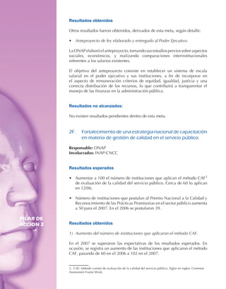 Resultados obtenidos

           Otros resultados fueron obtenidos, derivados de esta meta, según detalle:

           •   Anteproyecto de ley elaborado y entregado al Poder Ejecutivo.

           La ONAP elaboró el anteproyecto, tomando sus estudios previos sobre aspectos
           sociales, económicos, y realizando comparaciones interinstitucionales
           referentes a los salarios existentes.

           El objetivo del anteproyecto consiste en establecer un sistema de escala
           salarial en el poder ejecutivo y sus instituciones, a fin de incorporar en
           el aspecto de remuneración criterios de equidad, igualdad, justicia y una
           correcta distribución de los recursos, lo que contribuirá a transparentar el
           manejo de las finanzas en la administración pública.


           Resultados no alcanzados:

           No existen resultados pendientes dentro de esta meta.


           2F.	 Fortalecimiento	de	una	estrategia	nacional	de	capacitación	
                en	materia	de	gestión	de	calidad	en	el	servicio	público.

           Responsable: ONAP
           Involucrados: INAP-CNCC


           Resultados esperados

           • Aumentar a 100 el número de instituciones que aplican el método CAF3
             de evaluación de la calidad del servicio público. Cerca de 60 lo aplican
             en 12/06.

           • Número de instituciones que postulan al Premio Nacional a la Calidad y
             Reconocimiento de las Prácticas Promisorias en el sector público aumenta
             a 50 para el 2007. En el 2006 se postularon 39.

PILAR DE
ACCION 2   Resultados obtenidos

           1) Aumento del número de instituciones que aplicaron el método CAF.

           En el 2007 se superaron las expectativas de los resultados esperados. En
           ocasión, se registra un aumento de las instituciones que aplicaron el método
           CAF, pasando de 60 en el 2006 a 102 en el 2007.


           3. CAF: Método común de evaluación de la calidad del servicio público. Siglas en ingles: Common
           Assessment Frame Work.
 