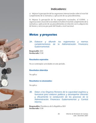 Indicadores:
           a) Mejorar la percepción de los organismos internacionales sobre el nivel de
           cumplimiento de la normativa y aplicación de sus procedimientos;

           b) Mejorar la percepción de los empresarios nacionales, el CODIA y
           organizaciones claves de la sociedad civil sobre el nivel de cumplimiento de la
           normativa y aplicación de sus procedimientos en relación con la adquisición
           de bienes y servicios por parte del Estado a nivel nacional.




           Metas y proyectos

           3A.	 Elaborar	 y	 difundir	 los	 reglamentos	 y	 normas	
                complementarias	 de	 la	 Administración	 Financiera	
                Gubernamental.

           Responsable: SEH
           Involucrado: CGR


           Resultados esperados

           No se contemplan actividades en este período.


           Resultados obtenidos

           No aplica


           Resultados no alcanzados:

           No aplica


           3B.		 Dotar	a	los	Organos	Rectores	de	la	capacidad	orgánica	y	
                 funcional	 para	 elaborar	 políticas	 y	 desempeñar	 eficiente	
                 y	 eficazmente	 la	 conducción	 de	 los	 procesos	 de	 la	
                 Administración	 Financiera	 Gubernamental	 y	 Control	
                 Interno.
PILAR DE
           Responsables: Presidencia de la República-SEH
ACCION 3   Involucrado: CGR


                                                 39         Informe	de	Rendición	de	Cuentas	
                                                                      Julio	-	Diciembre	2007
 
