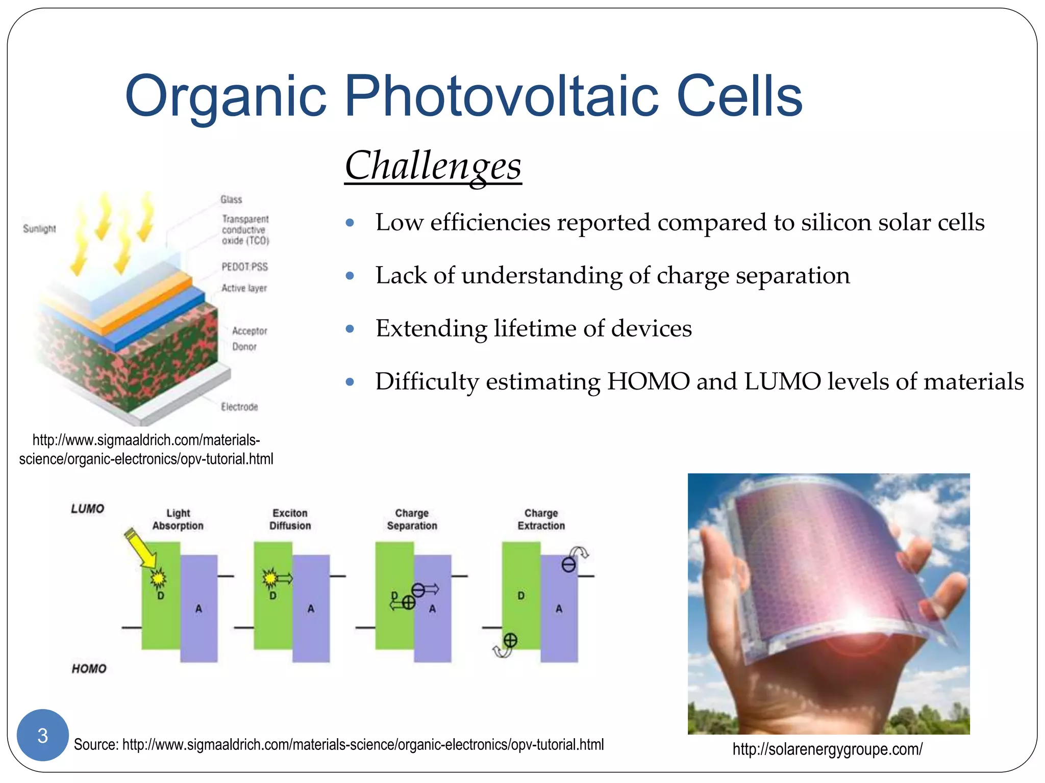 Source: http://www.sigmaaldrich.com/materials-science/organic-electronics/opv-tutorial.html
Organic Photovoltaic Cells
3
http://www.sigmaaldrich.com/materials-
science/organic-electronics/opv-tutorial.html
http://solarenergygroupe.com/
Challenges
 Low efficiencies reported compared to silicon solar cells
 Lack of understanding of charge separation
 Extending lifetime of devices
 Difficulty estimating HOMO and LUMO levels of materials
 