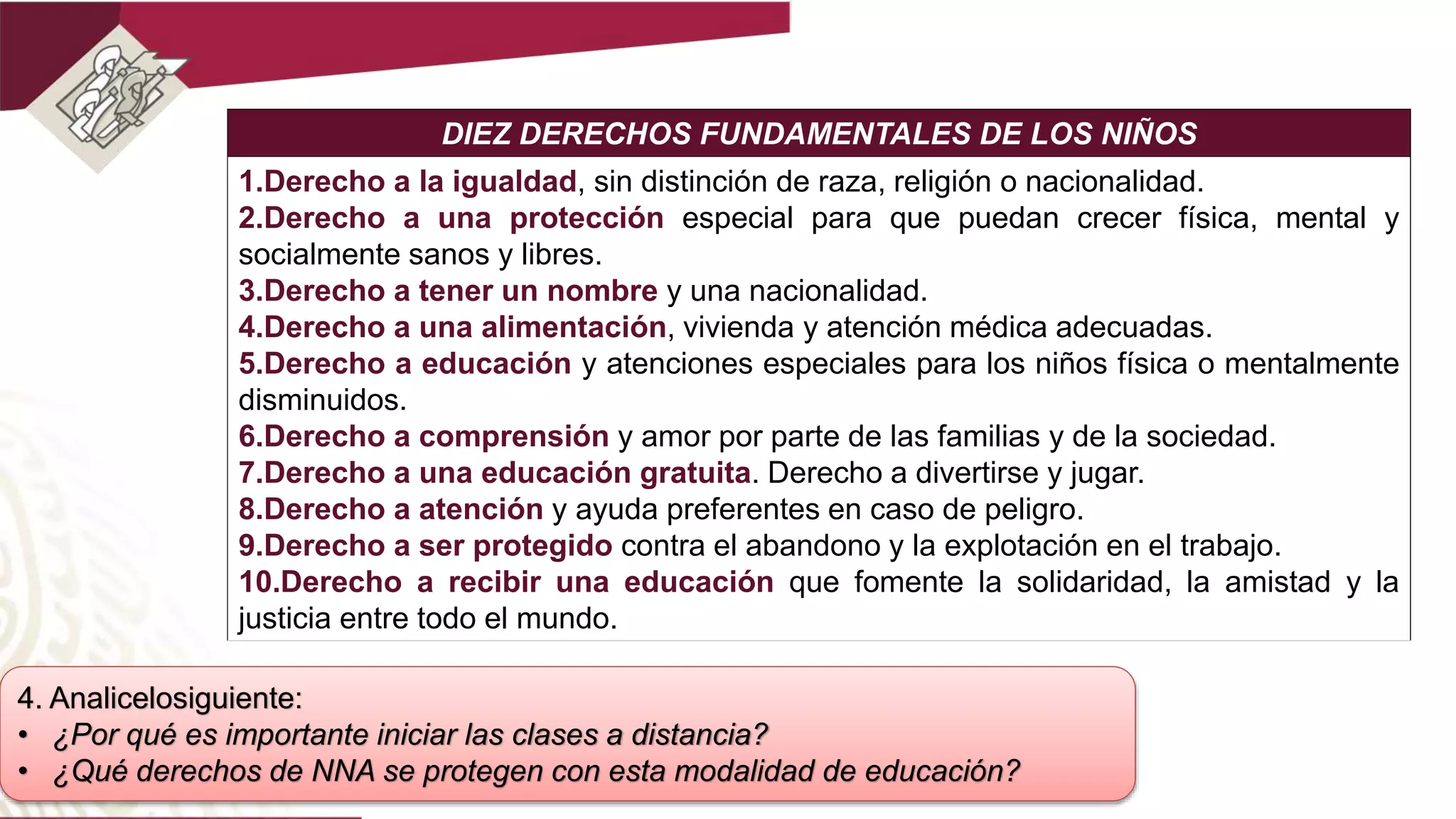 DIEZ DERECHOS FUNDAMENTALES DE LOS NIÑOS
1.Derecho a la igualdad, sin distinción de raza, religión o nacionalidad.
2.Derecho a una protección especial para que puedan crecer física, mental y
socialmente sanos y libres.
3.Derecho a tener un nombre y una nacionalidad.
4.Derecho a una alimentación, vivienda y atención médica adecuadas.
5.Derecho a educación y atenciones especiales para los niños física o mentalmente
disminuidos.
6.Derecho a comprensión y amor por parte de las familias y de la sociedad.
7.Derecho a una educación gratuita. Derecho a divertirse y jugar.
8.Derecho a atención y ayuda preferentes en caso de peligro.
9.Derecho a ser protegido contra el abandono y la explotación en el trabajo.
10.Derecho a recibir una educación que fomente la solidaridad, la amistad y la
justicia entre todo el mundo.
4. Analicelosiguiente:
• ¿Por qué es importante iniciar las clases a distancia?
• ¿Qué derechos de NNA se protegen con esta modalidad de educación?
 