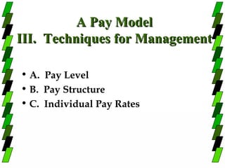 A Pay Model
III. Techniques for Management

• A. Pay Level
• B. Pay Structure
• C. Individual Pay Rates
 