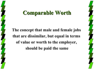 Comparable Worth

The concept that male and female jobs
that are dissimilar, but equal in terms
  of value or worth to the employer,
        should be paid the same
 