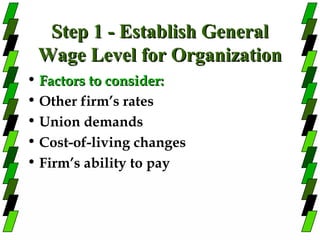 Step 1 - Establish General
 Wage Level for Organization
• Factors to consider:
• Other firm’s rates
• Union demands
• Cost-of-living changes
• Firm’s ability to pay
 
